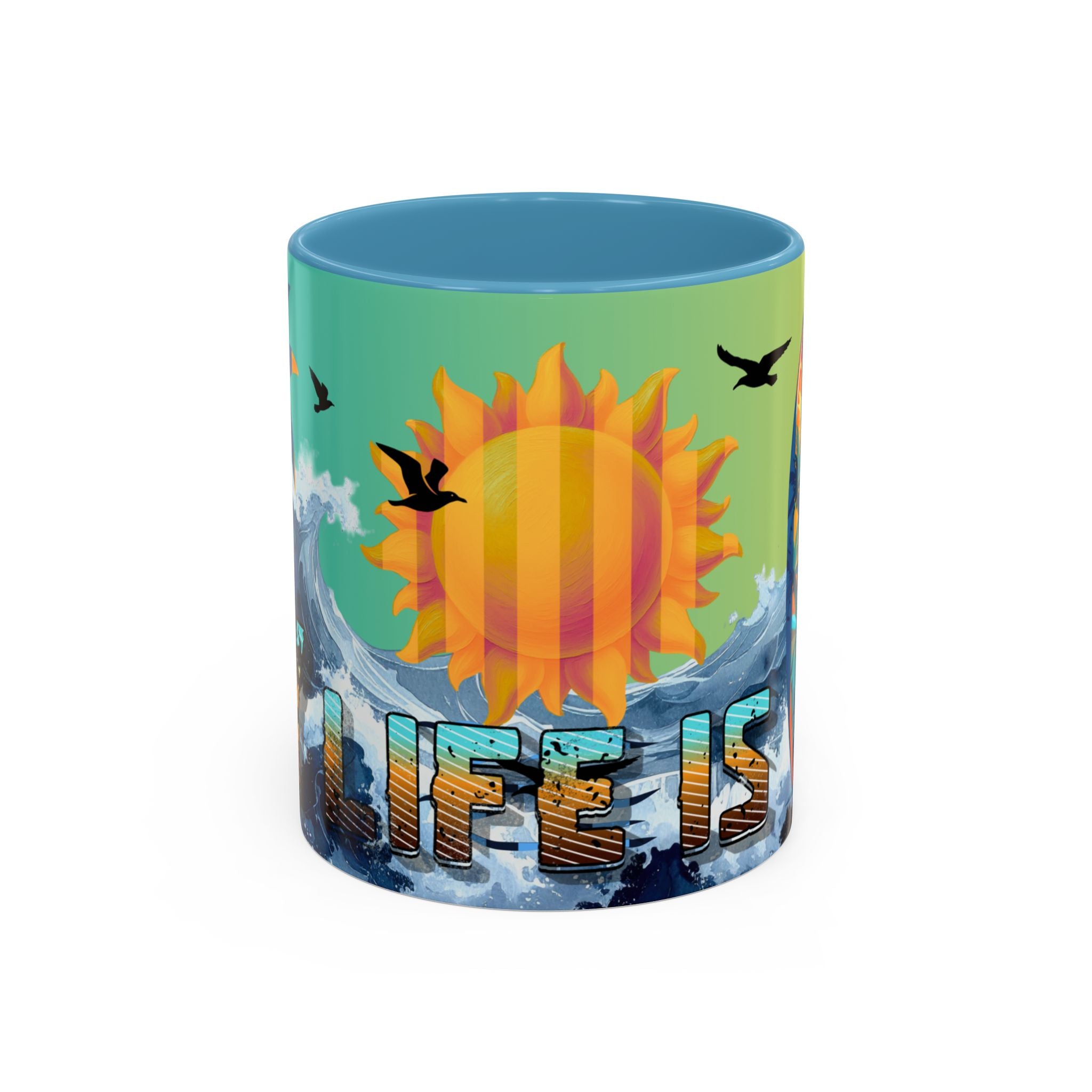 Coffee Mug — "Life Is Surfing" Colorful Sunset Surfboard Beach Ceramic Accent Mug (11/15oz)