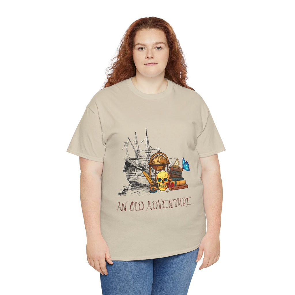 Adventure Skull AND BOOK — Vintage Ship, Globe & Books Graphic Shirt (An Old Adventure)