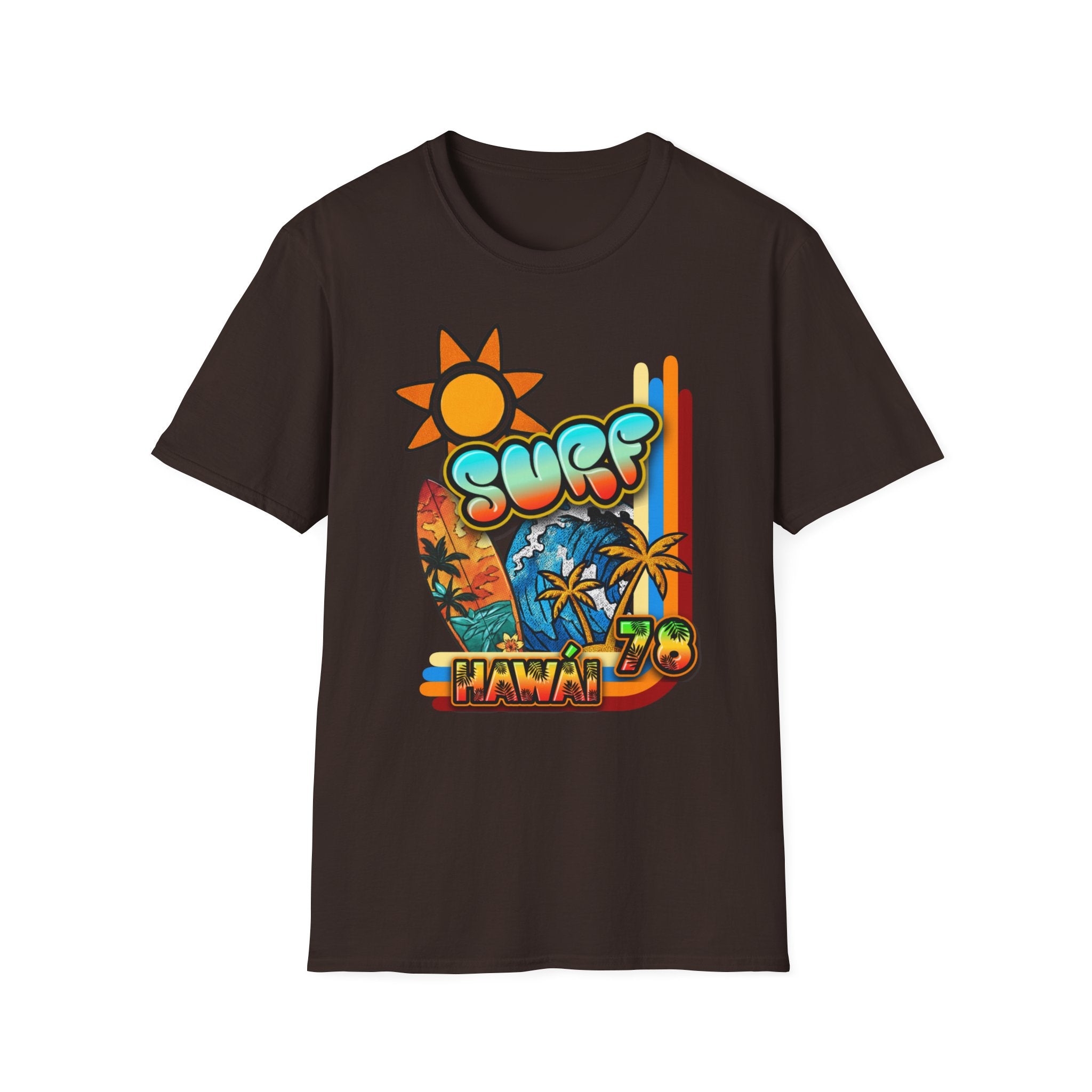 Surf Hawaii T-Shirt — Retro Tropical Sun & Palm Beach Tee
