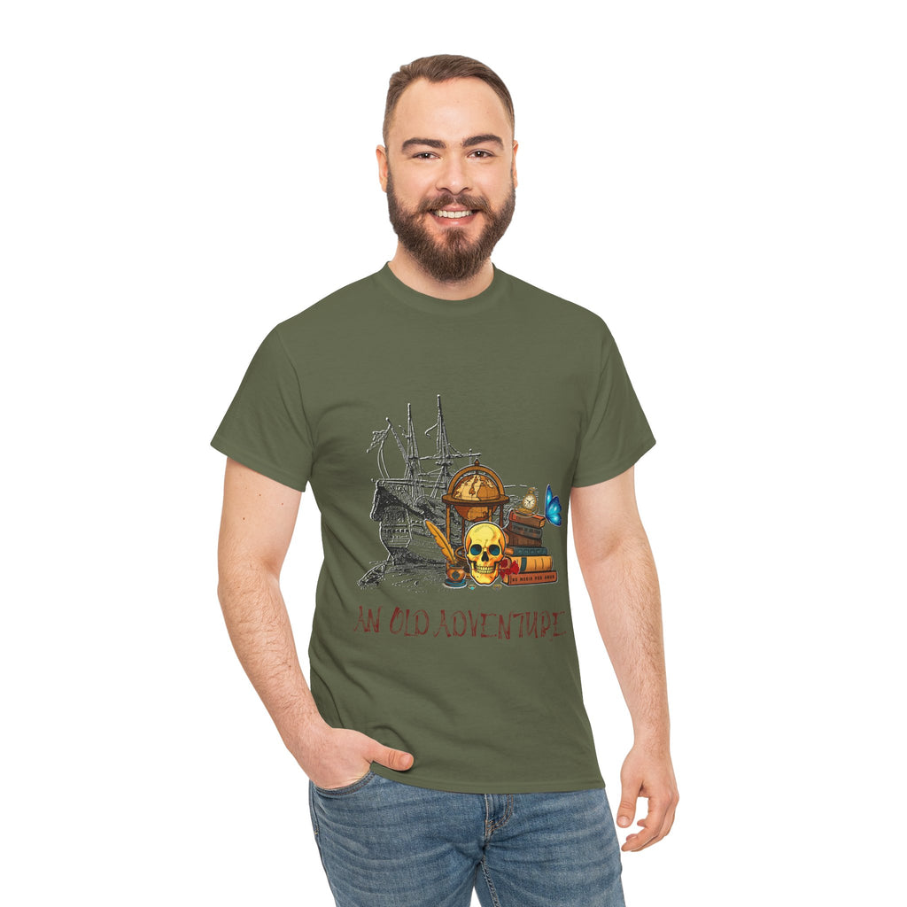 Adventure Skull AND BOOK — Vintage Ship, Globe & Books Graphic Shirt (An Old Adventure)