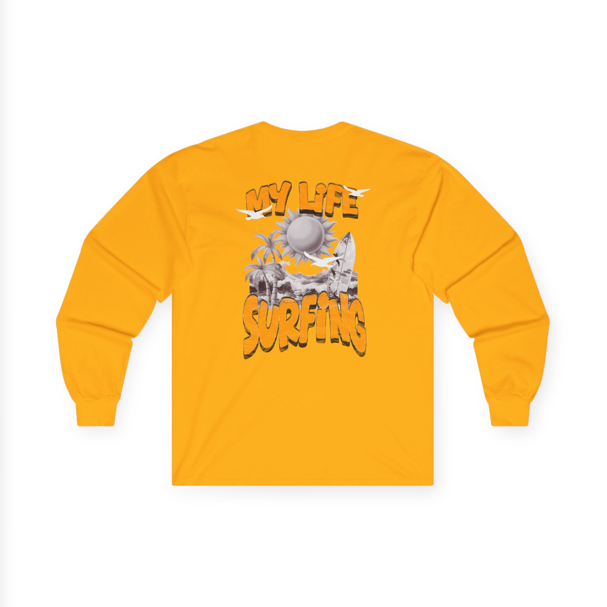 Long Sleeve Tee — 'My Life Is Surfing' Tropical Surf Graphic