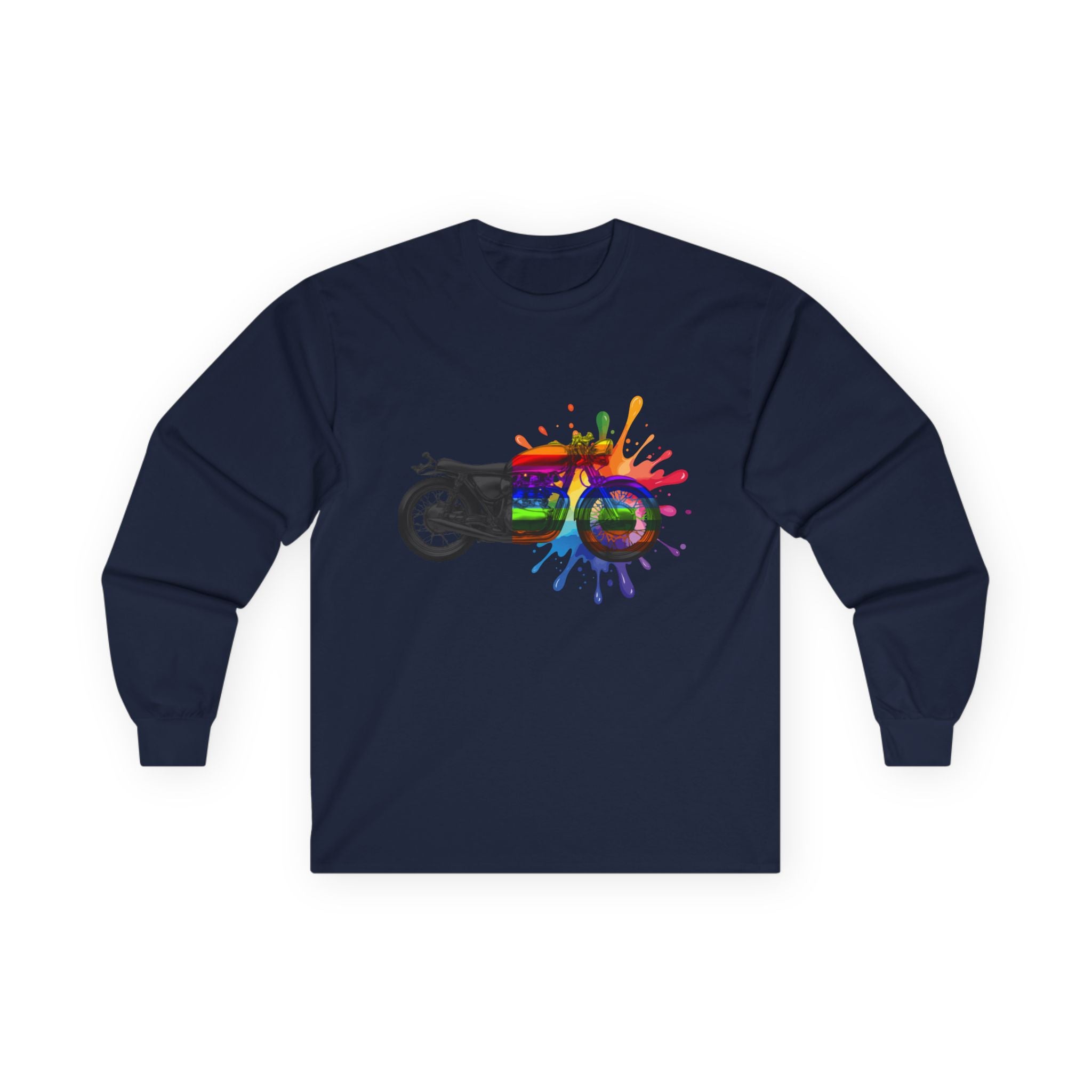 Long Sleeve Tee — 'The Power of Colours' Rainbow Motorcycle Graphic