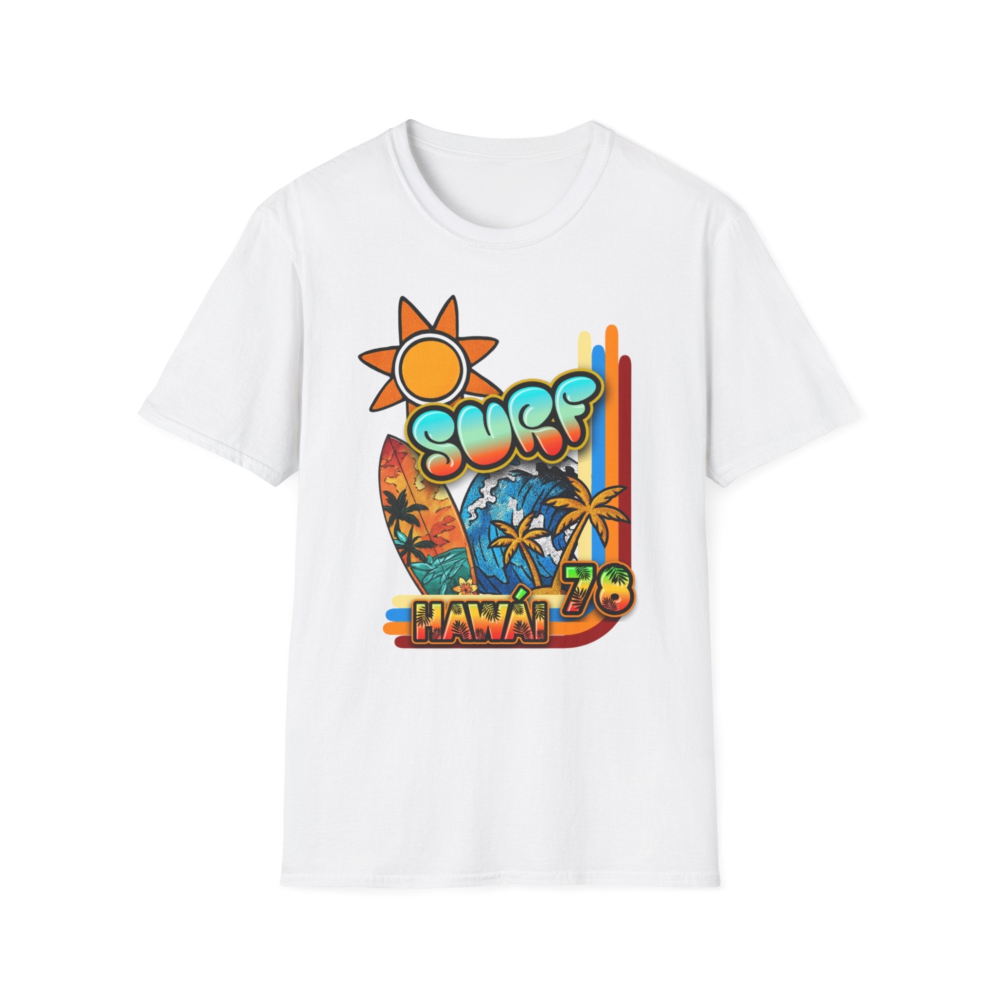 Surf Hawaii T-Shirt — Retro Tropical Sun & Palm Beach Tee