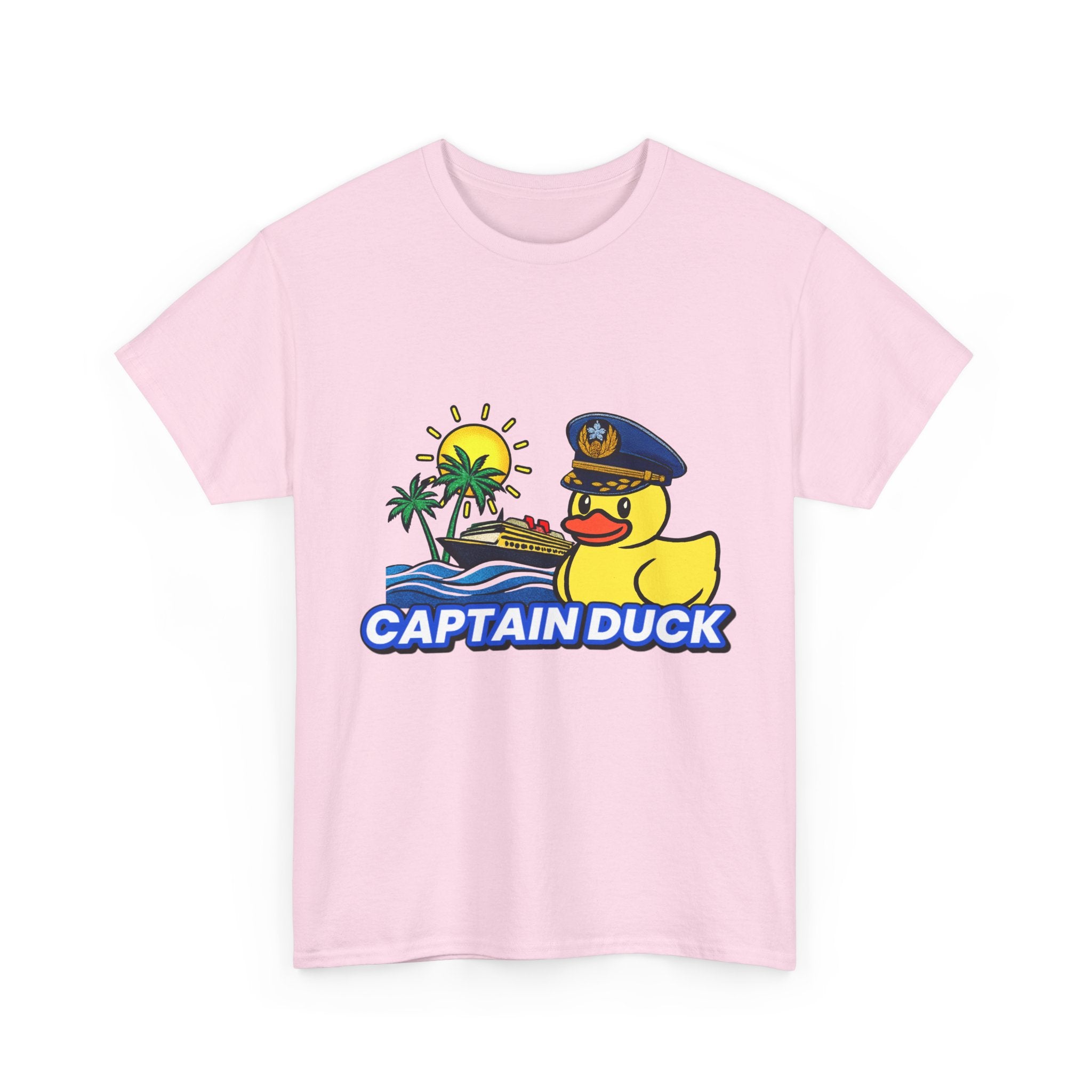 Captain Duck T‑Shirt — Nautical Rubber Duck Tee with Island Sunset