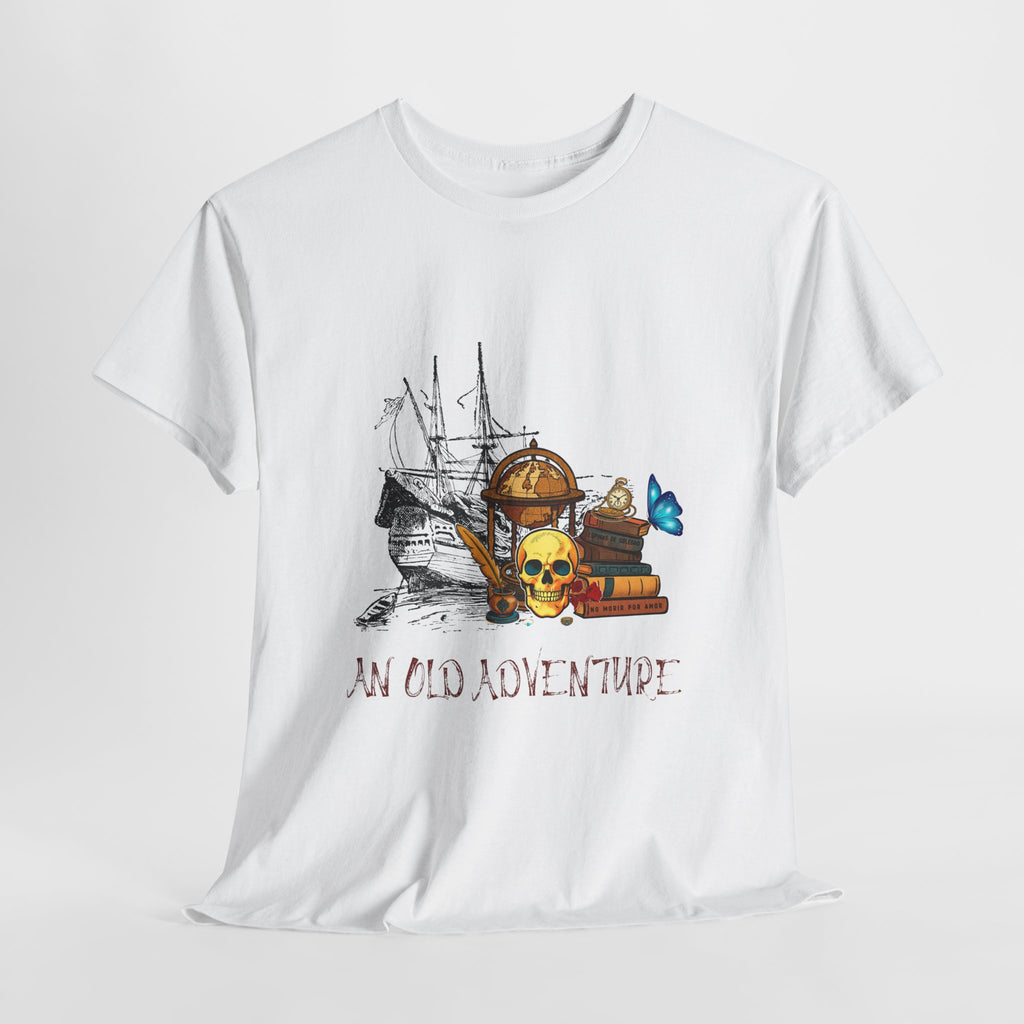 Adventure Skull AND BOOK — Vintage Ship, Globe & Books Graphic Shirt (An Old Adventure)