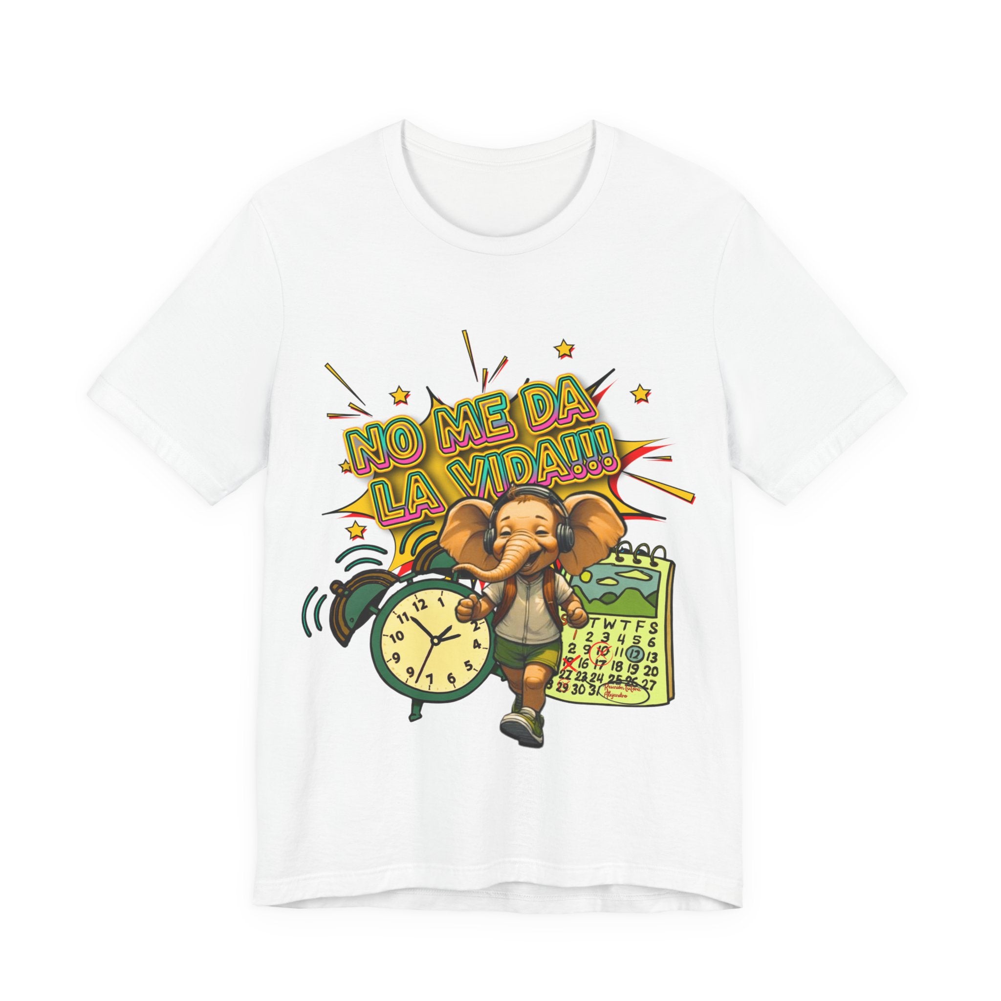 No Me Da La Vida Elephant Graphic Tee — Funny Spanish Alarm Clock T-Shirt