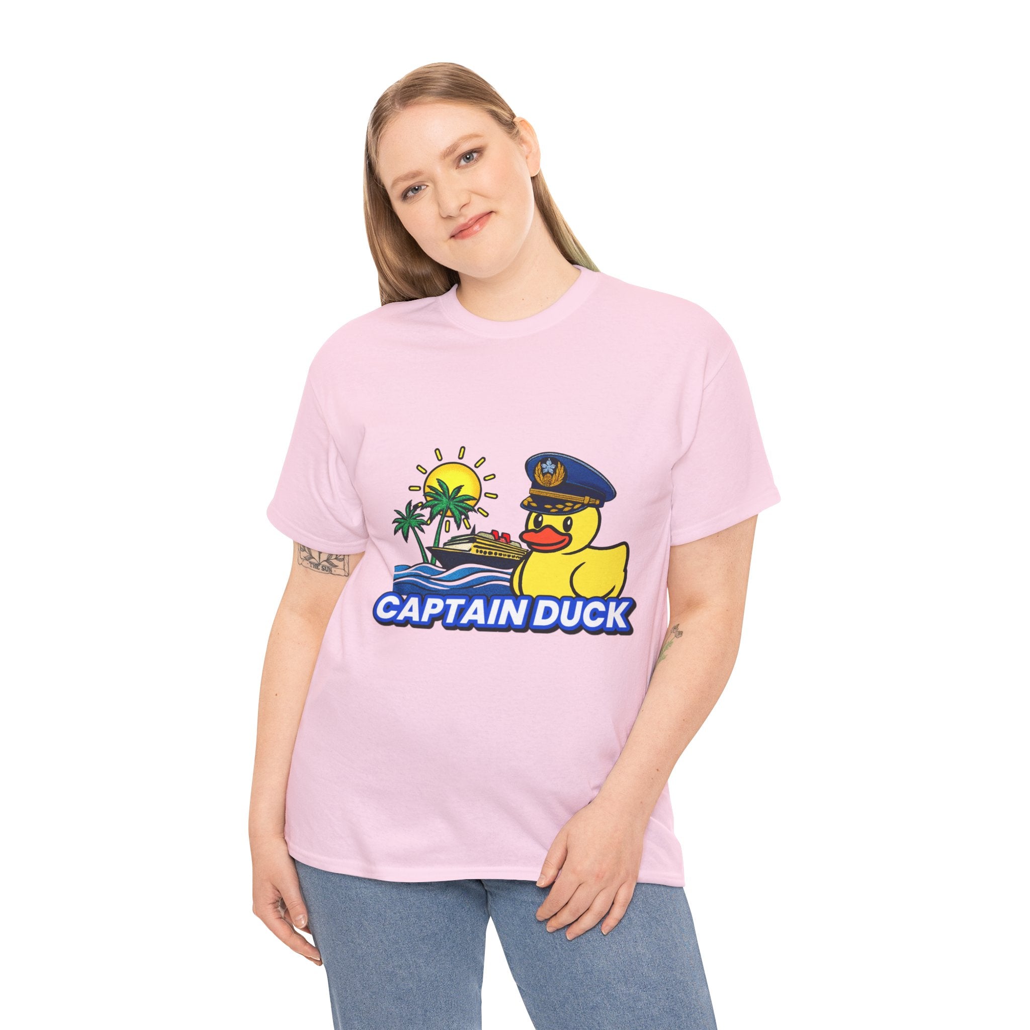 Captain Duck T‑Shirt — Nautical Rubber Duck Tee with Island Sunset