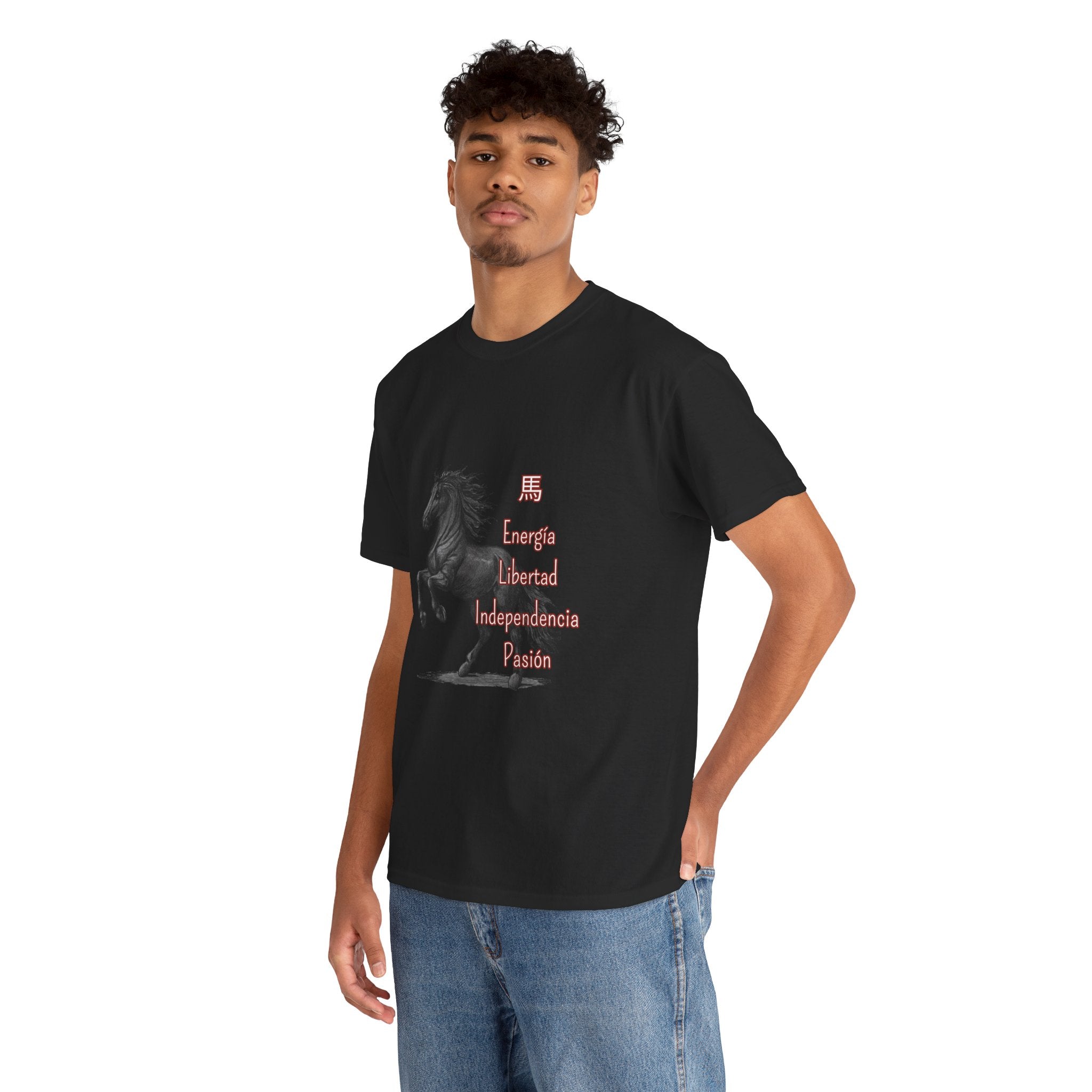 Galloping Black Horse Tee — 'Energy, Liberty, Independence, Passion' Graphic T-Shirt