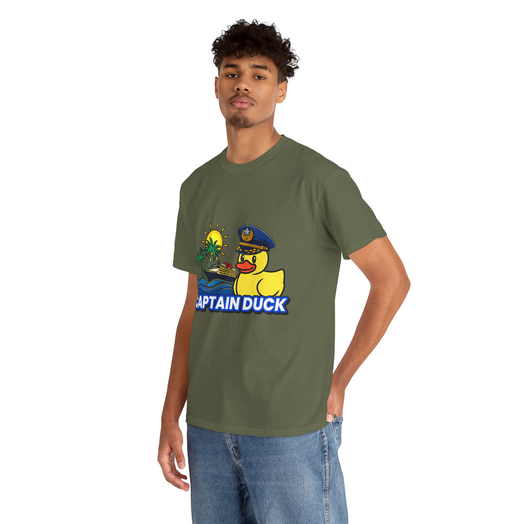 Captain Duck T‑Shirt — Nautical Rubber Duck Tee with Island Sunset
