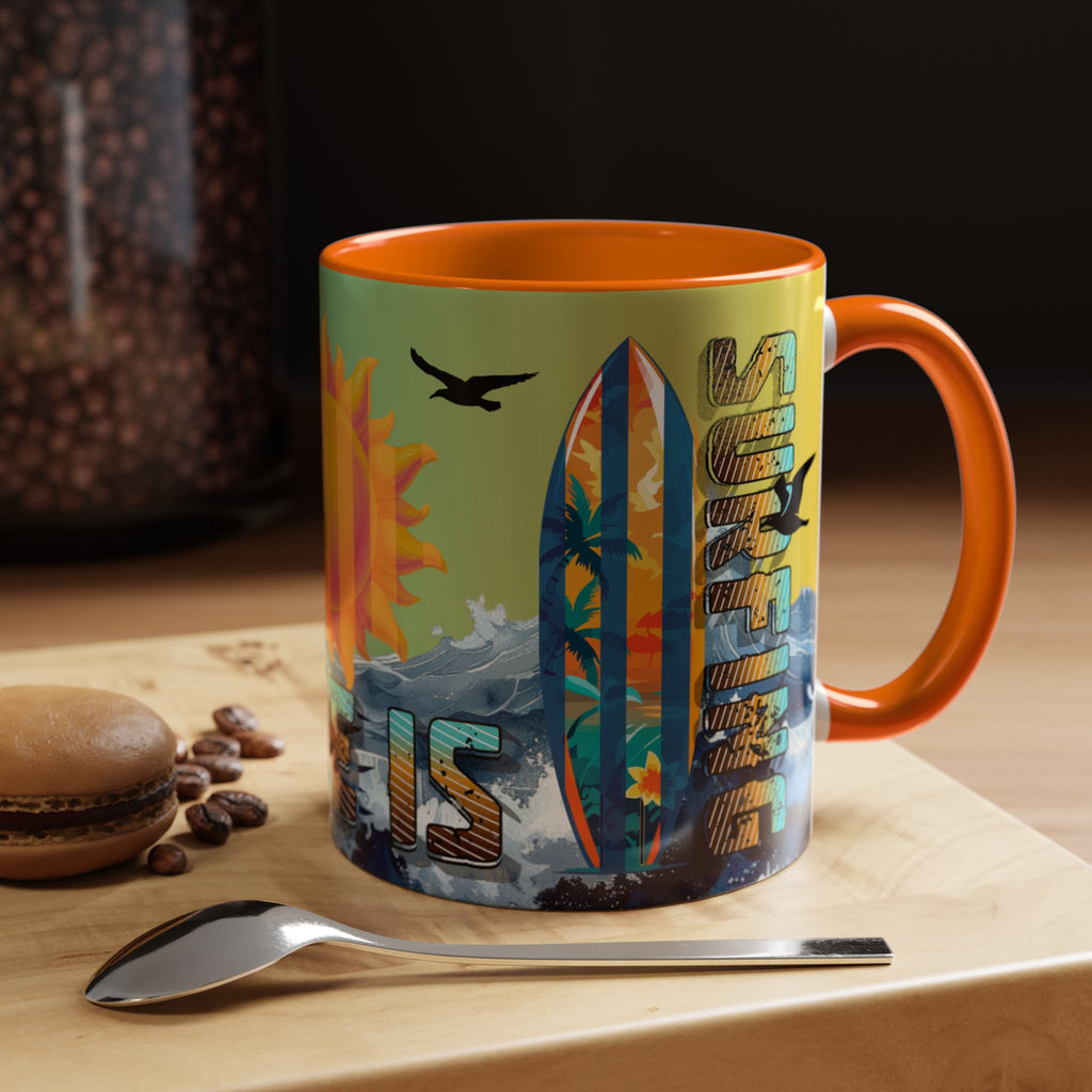 Coffee Mug — "Life Is Surfing" Colorful Sunset Surfboard Beach Ceramic Accent Mug (11/15oz)