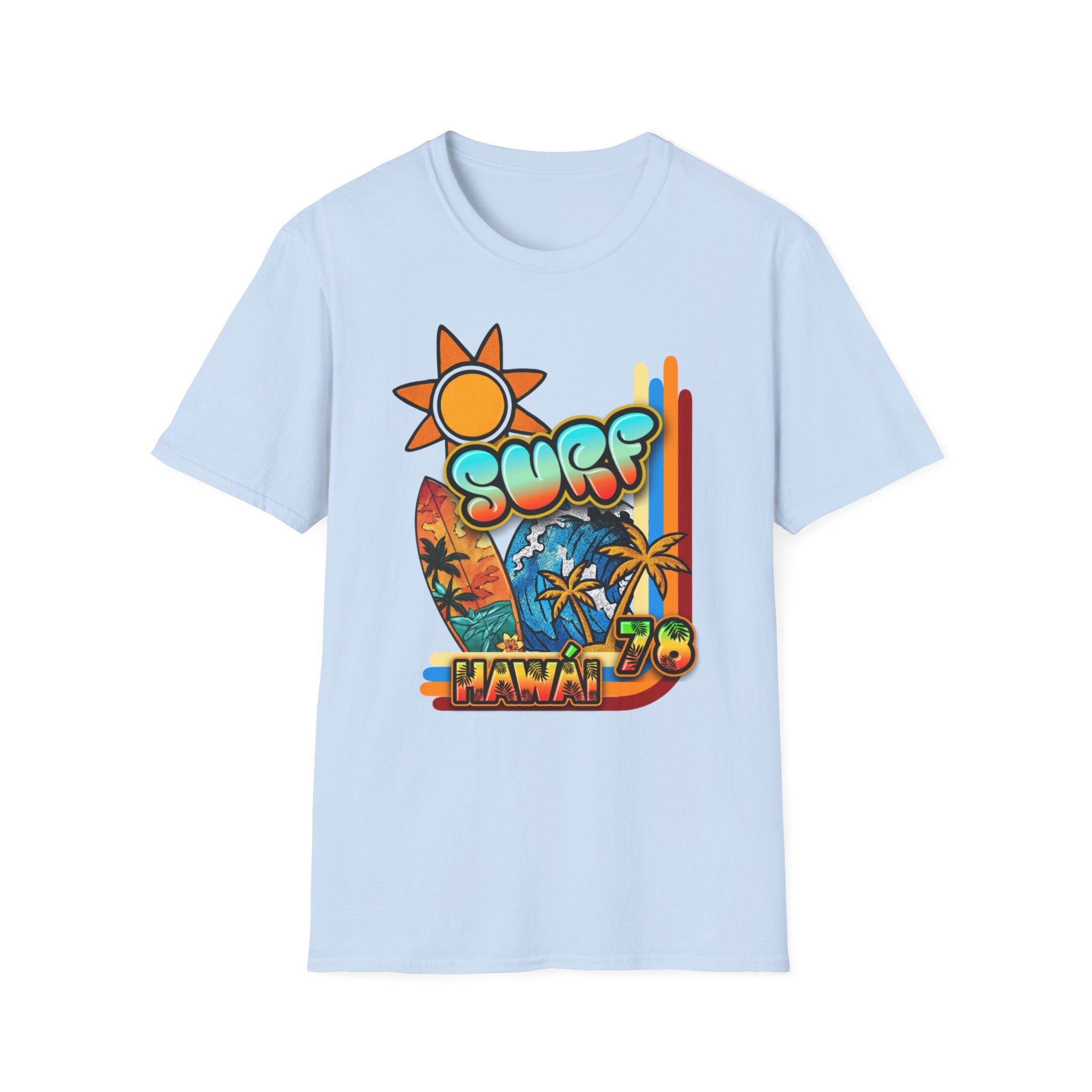 Surf Hawaii T-Shirt — Retro Tropical Sun & Palm Beach Tee