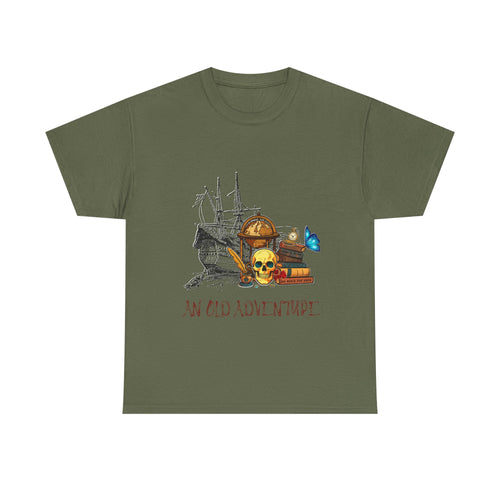Adventure Skull AND BOOK — Vintage Ship, Globe & Books Graphic Shirt (An Old Adventure)