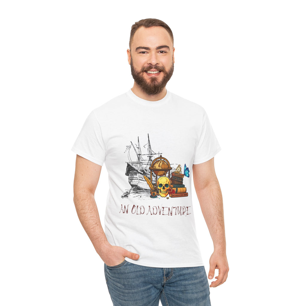Adventure Skull AND BOOK — Vintage Ship, Globe & Books Graphic Shirt (An Old Adventure)