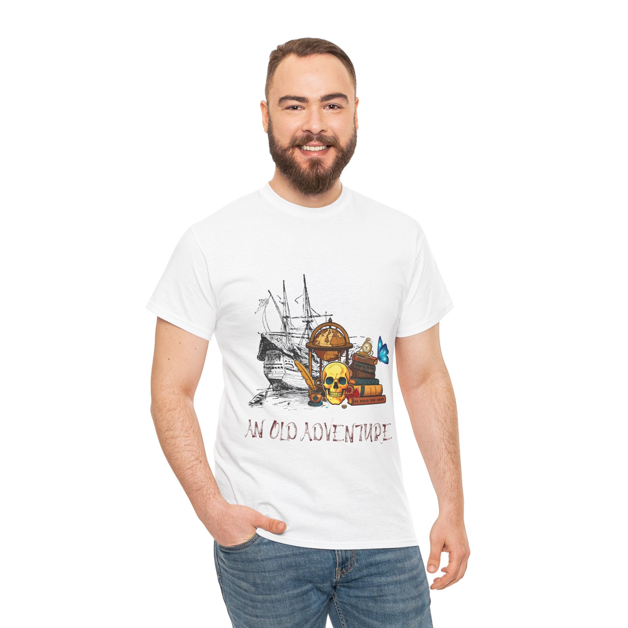 Adventure Skull AND BOOK — Vintage Ship, Globe & Books Graphic Shirt (An Old Adventure)