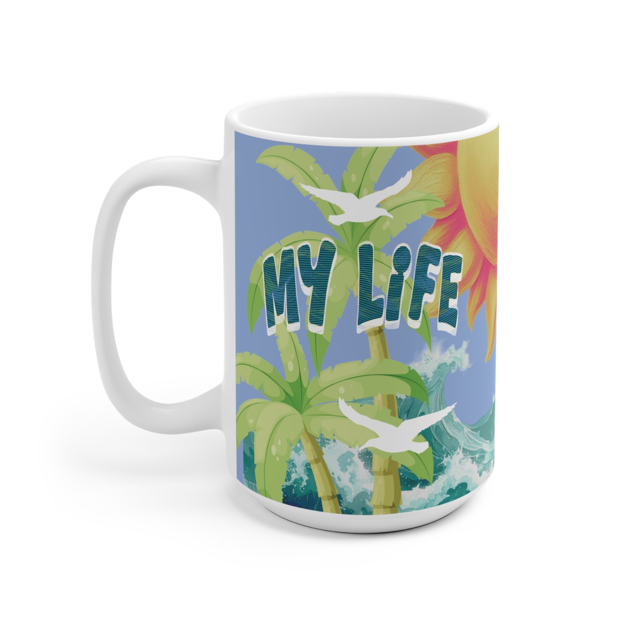 Surfing Ceramic Mug — Tropical Sunset Surfboard Coffee Cup