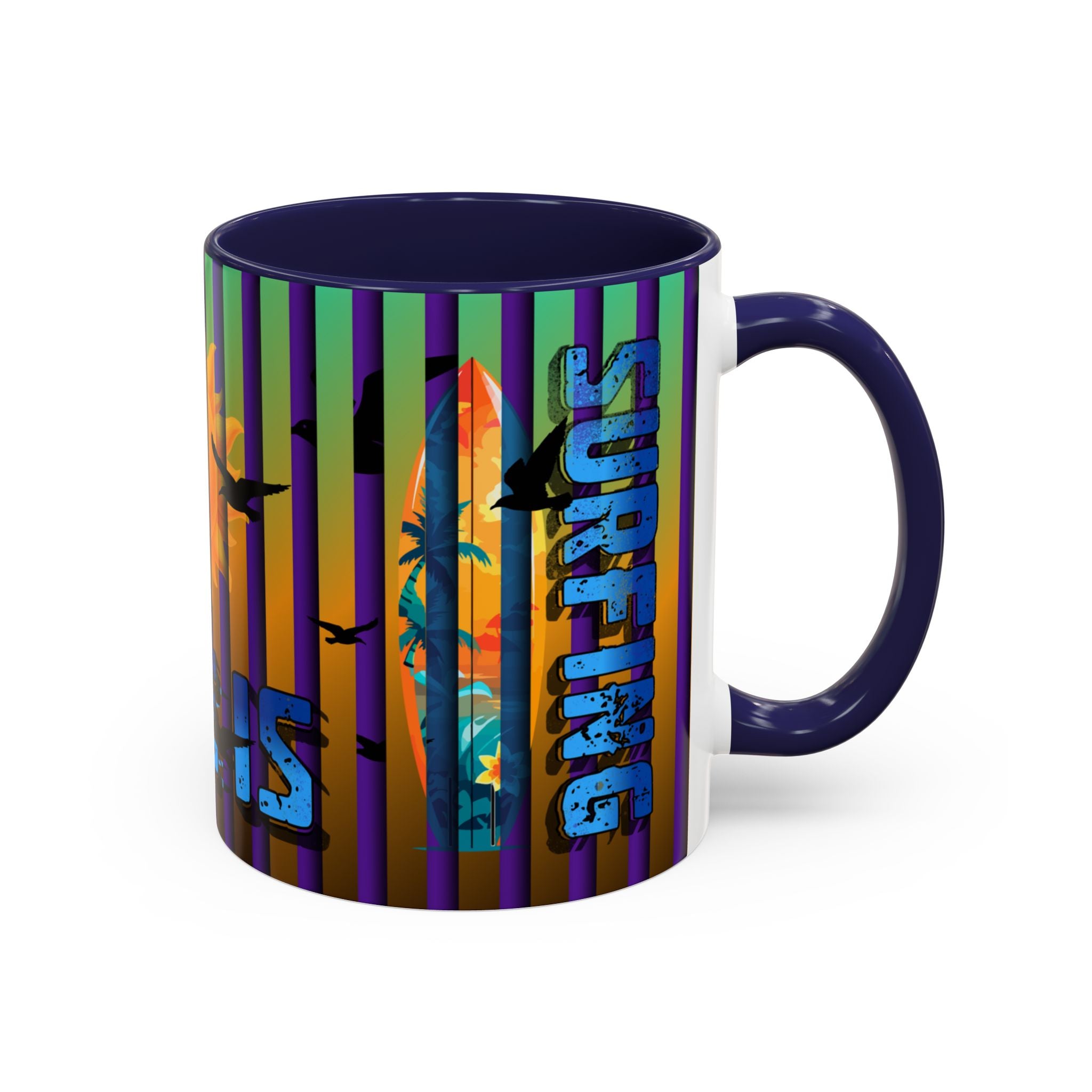 Surfing Life Coffee Mug — Colorful Sun & Surfboard Accent Mug (11/15oz)