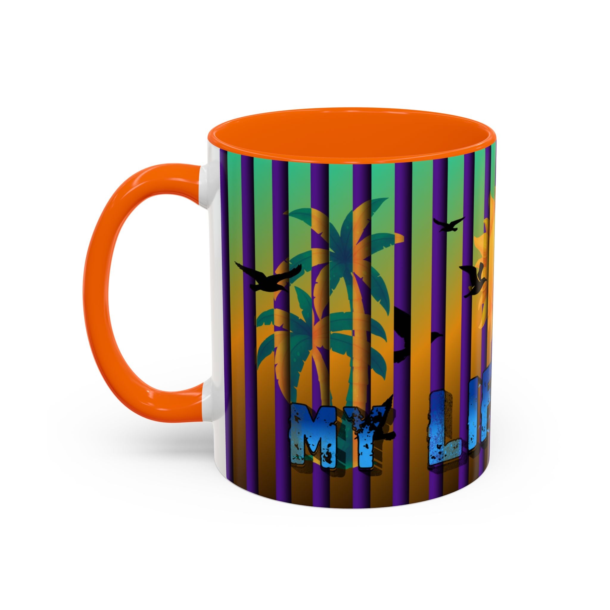 Surfing Life Coffee Mug — Colorful Sun & Surfboard Accent Mug (11/15oz)