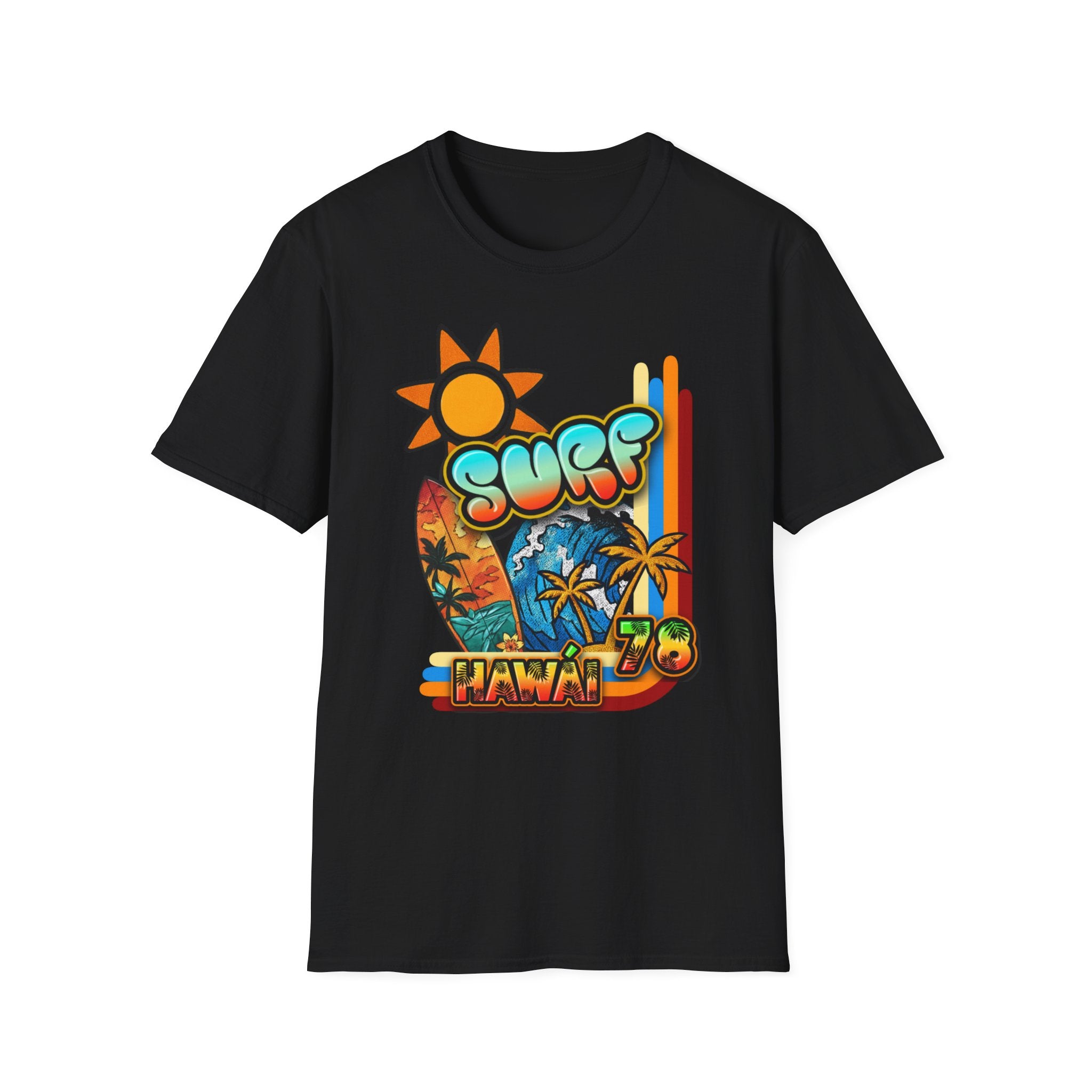 Surf Hawaii T-Shirt — Retro Tropical Sun & Palm Beach Tee