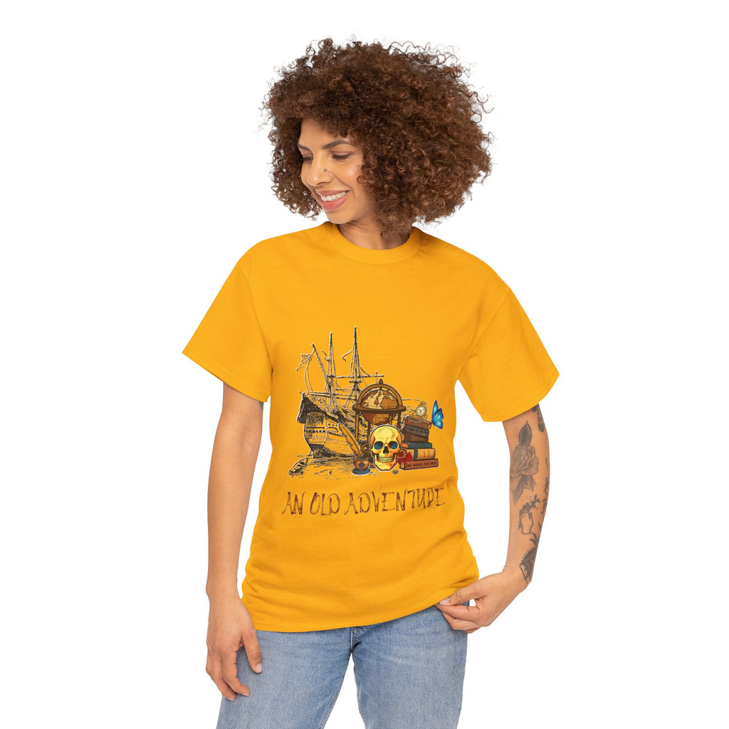 Adventure Skull AND BOOK — Vintage Ship, Globe & Books Graphic Shirt (An Old Adventure)
