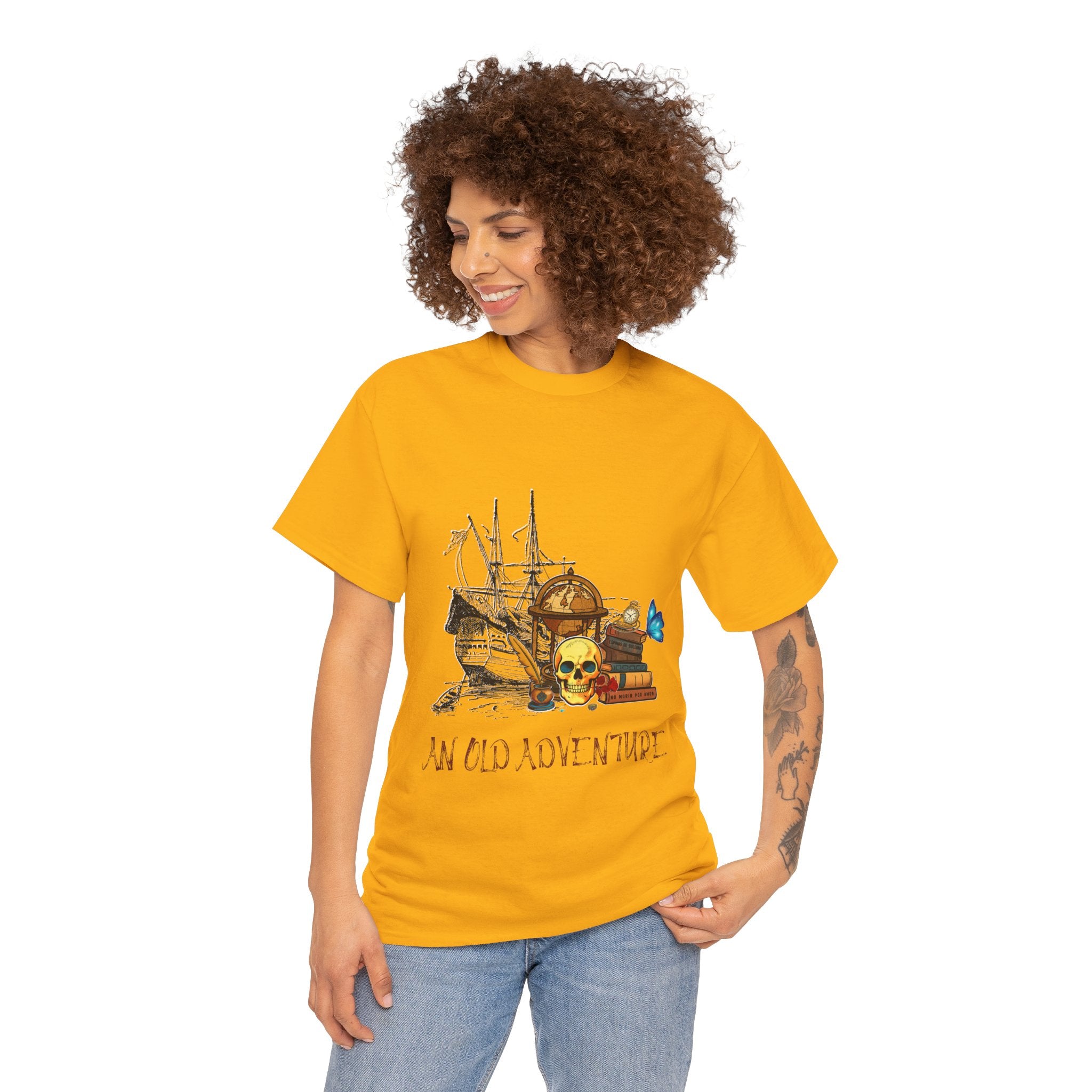 Adventure Skull AND BOOK — Vintage Ship, Globe & Books Graphic Shirt (An Old Adventure)