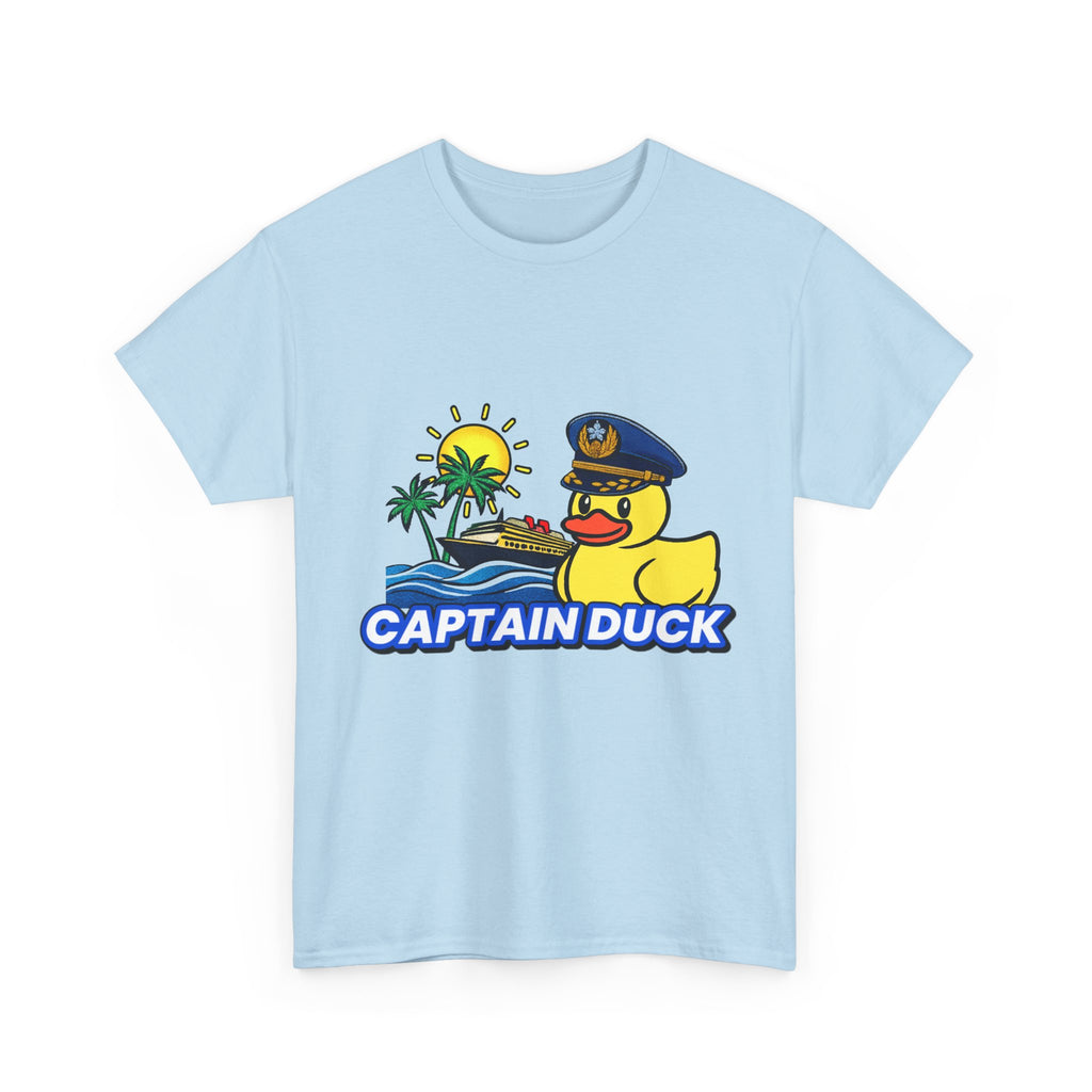 Captain Duck T‑Shirt — Nautical Rubber Duck Tee with Island Sunset