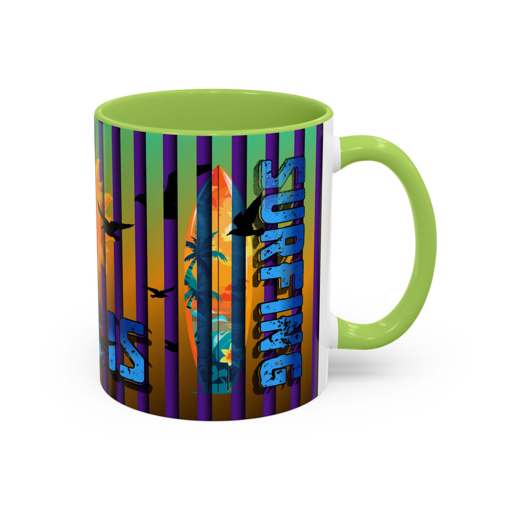 Surfing Life Coffee Mug — Colorful Sun & Surfboard Accent Mug (11/15oz)