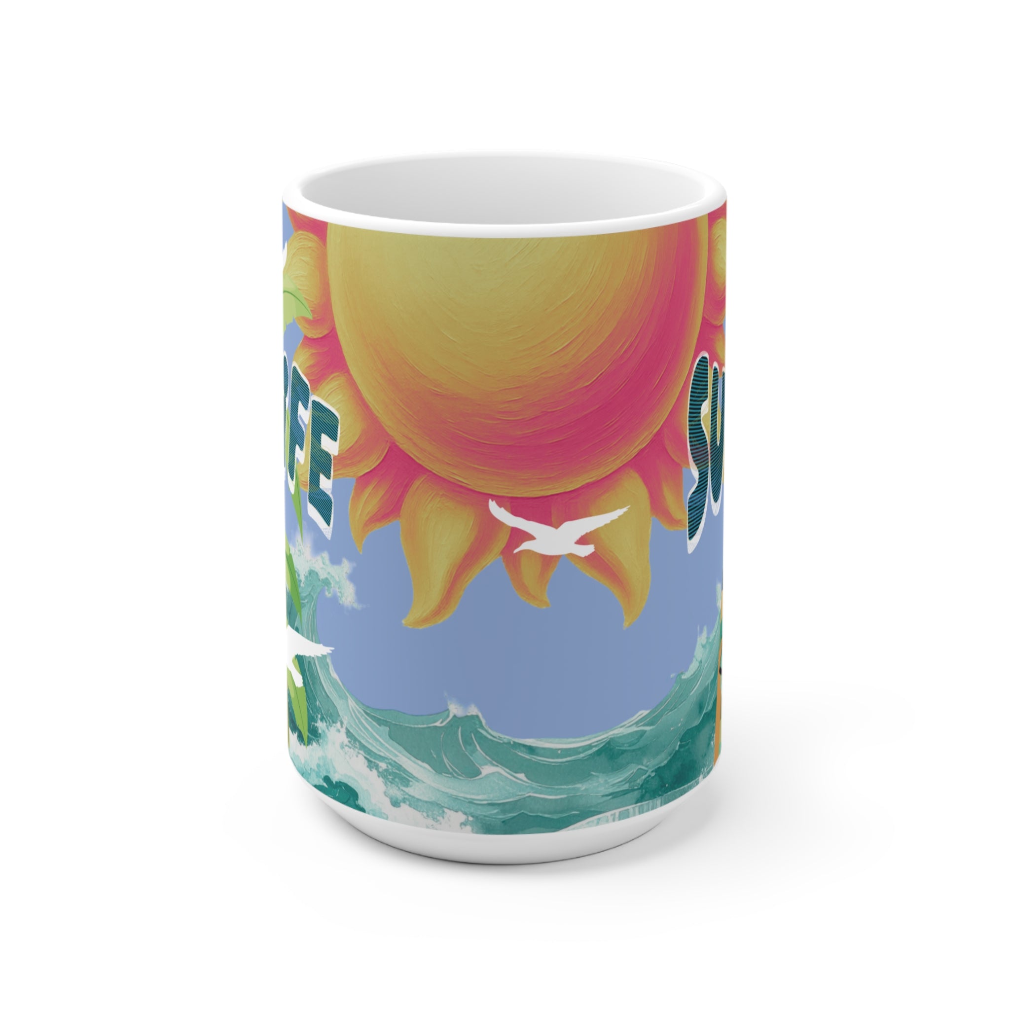 Surfing Ceramic Mug — Tropical Sunset Surfboard Coffee Cup