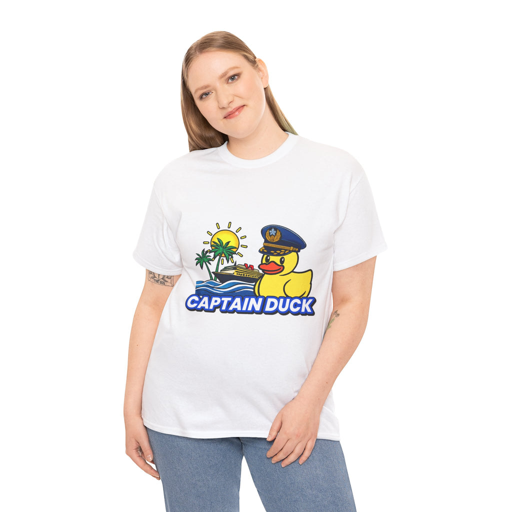 Captain Duck T‑Shirt — Nautical Rubber Duck Tee with Island Sunset