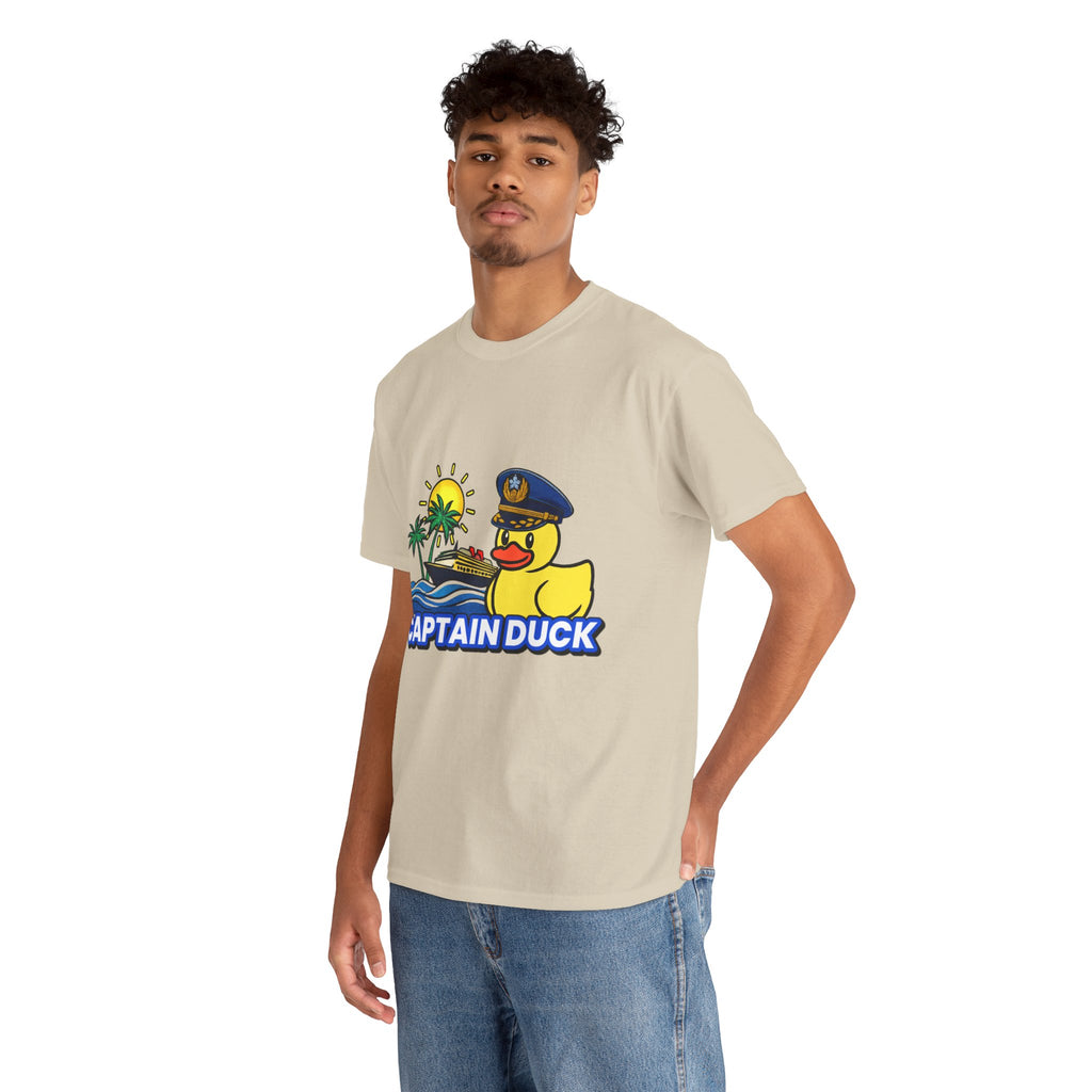 Captain Duck T‑Shirt — Nautical Rubber Duck Tee with Island Sunset