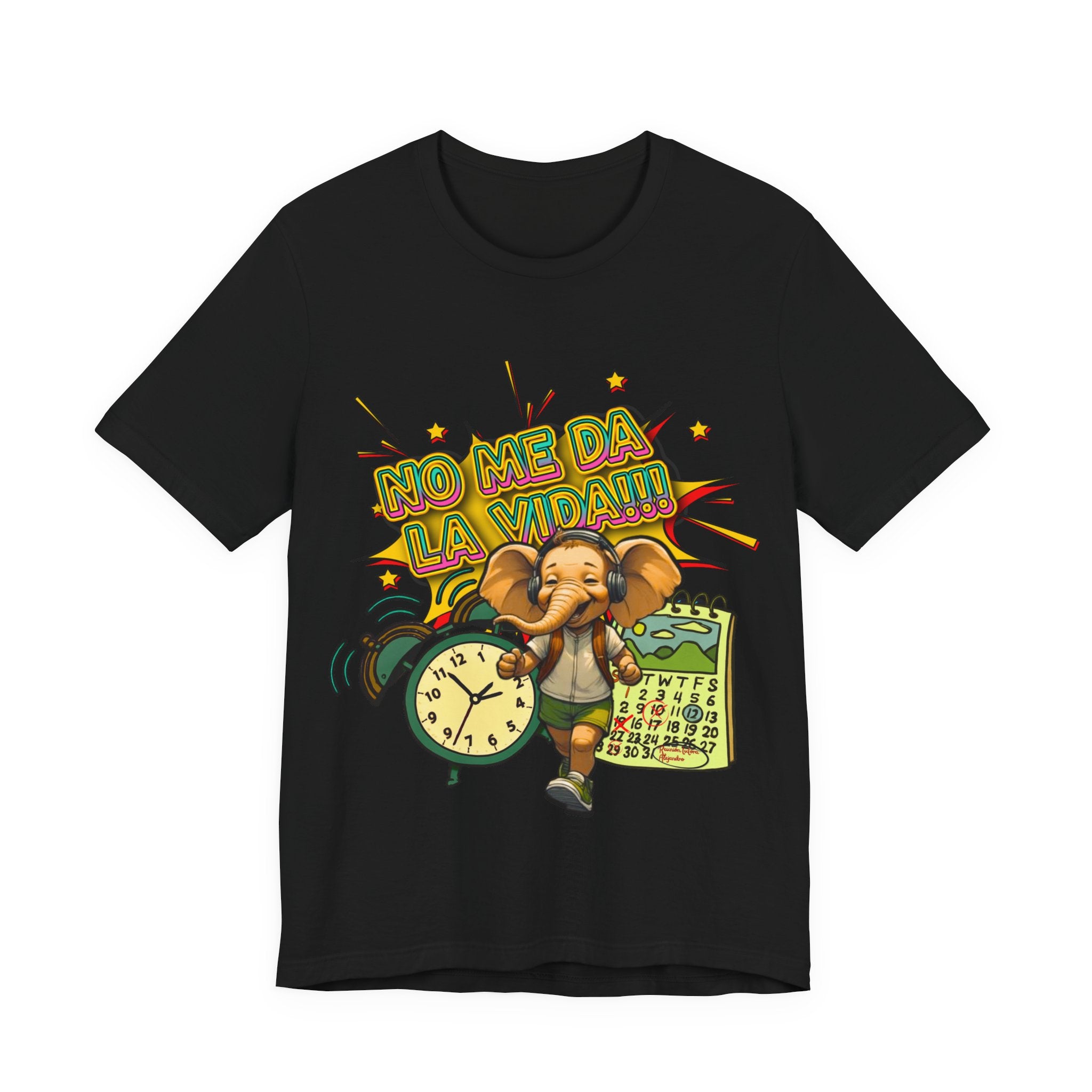 No Me Da La Vida Elephant Graphic Tee — Funny Spanish Alarm Clock T-Shirt