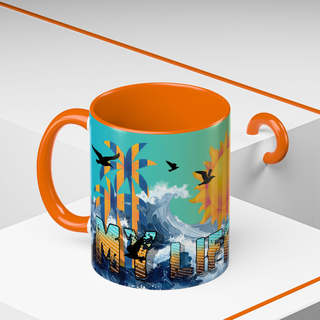 Coffee Mug — "Life Is Surfing" Colorful Sunset Surfboard Beach Ceramic Accent Mug (11/15oz)