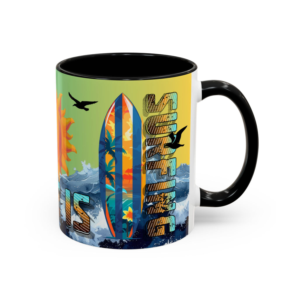 Coffee Mug — "Life Is Surfing" Colorful Sunset Surfboard Beach Ceramic Accent Mug (11/15oz)