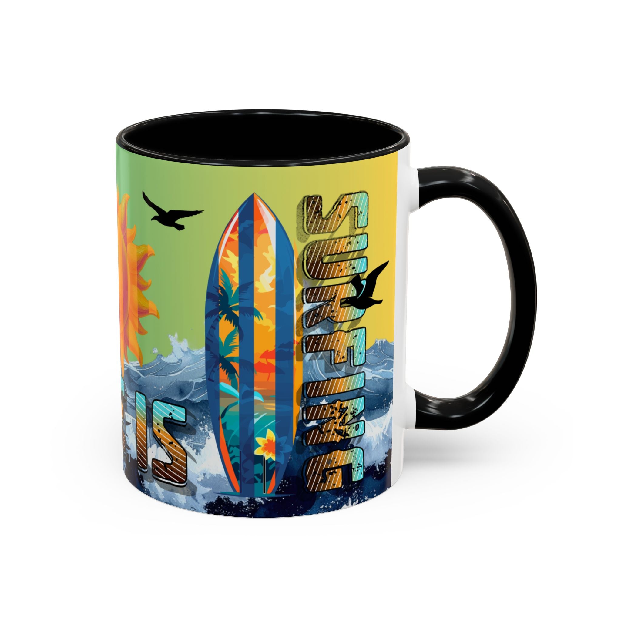 Coffee Mug — "Life Is Surfing" Colorful Sunset Surfboard Beach Ceramic Accent Mug (11/15oz)