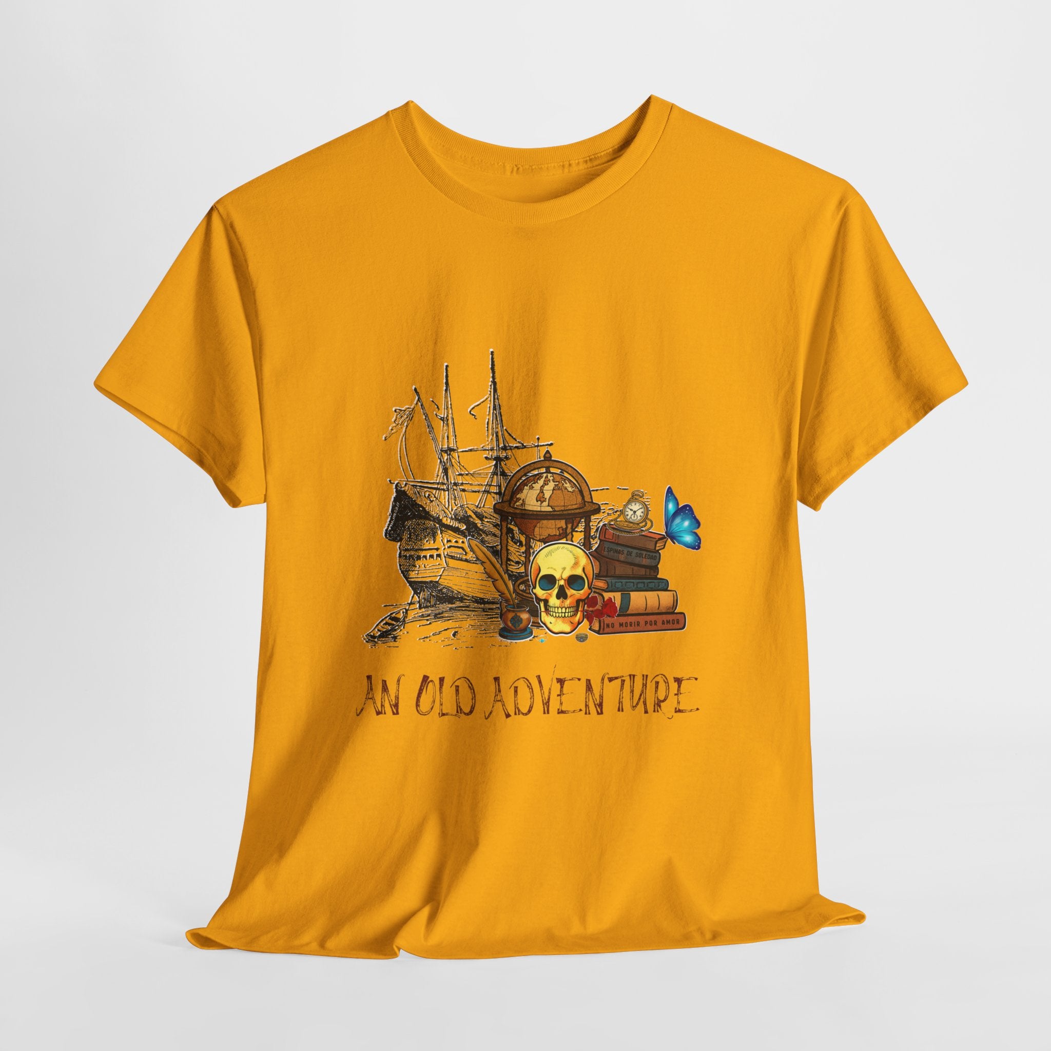 Adventure Skull AND BOOK — Vintage Ship, Globe & Books Graphic Shirt (An Old Adventure)
