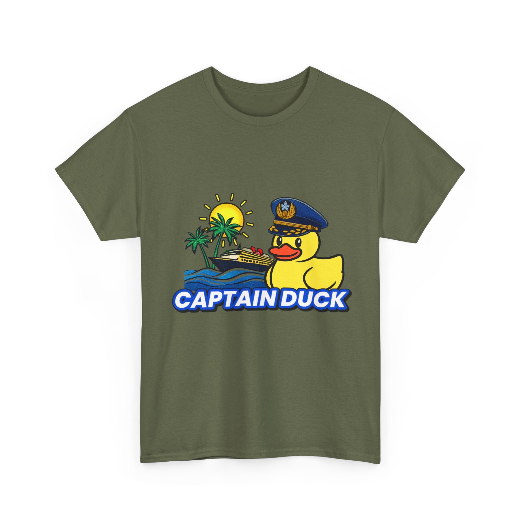Captain Duck T‑Shirt — Nautical Rubber Duck Tee with Island Sunset