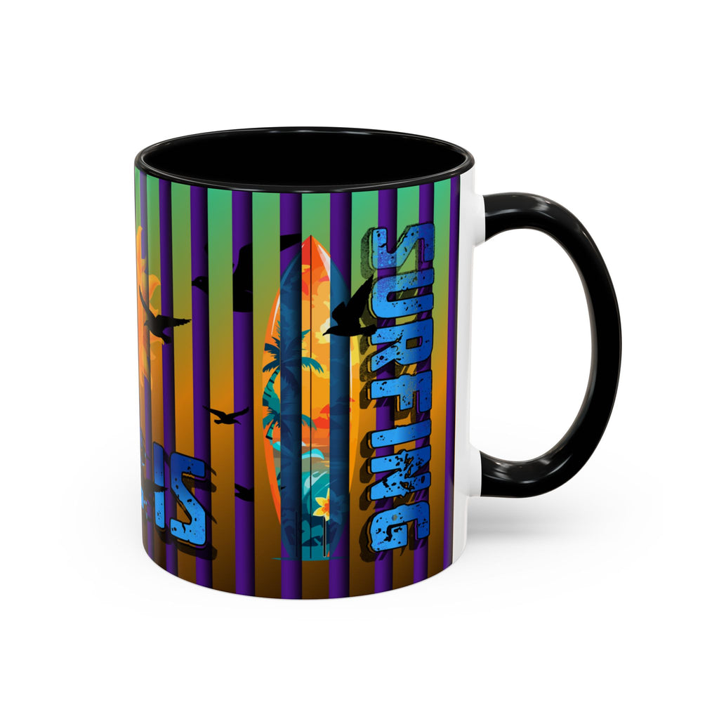 Surfing Life Coffee Mug — Colorful Sun & Surfboard Accent Mug (11/15oz)