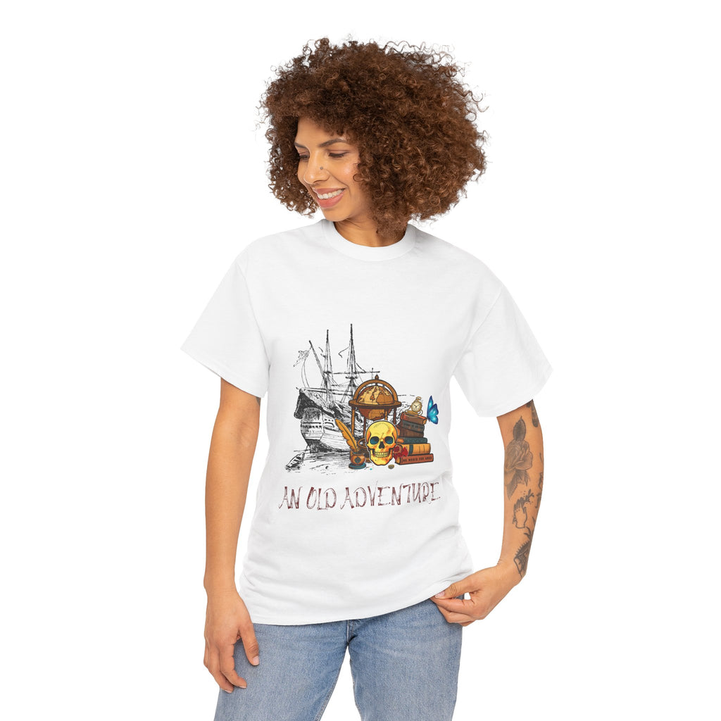 Adventure Skull AND BOOK — Vintage Ship, Globe & Books Graphic Shirt (An Old Adventure)