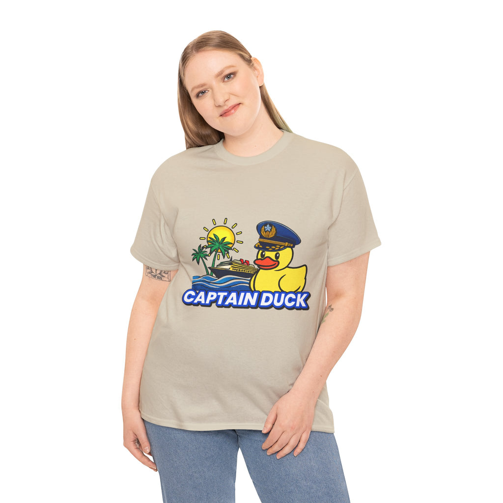 Captain Duck T‑Shirt — Nautical Rubber Duck Tee with Island Sunset
