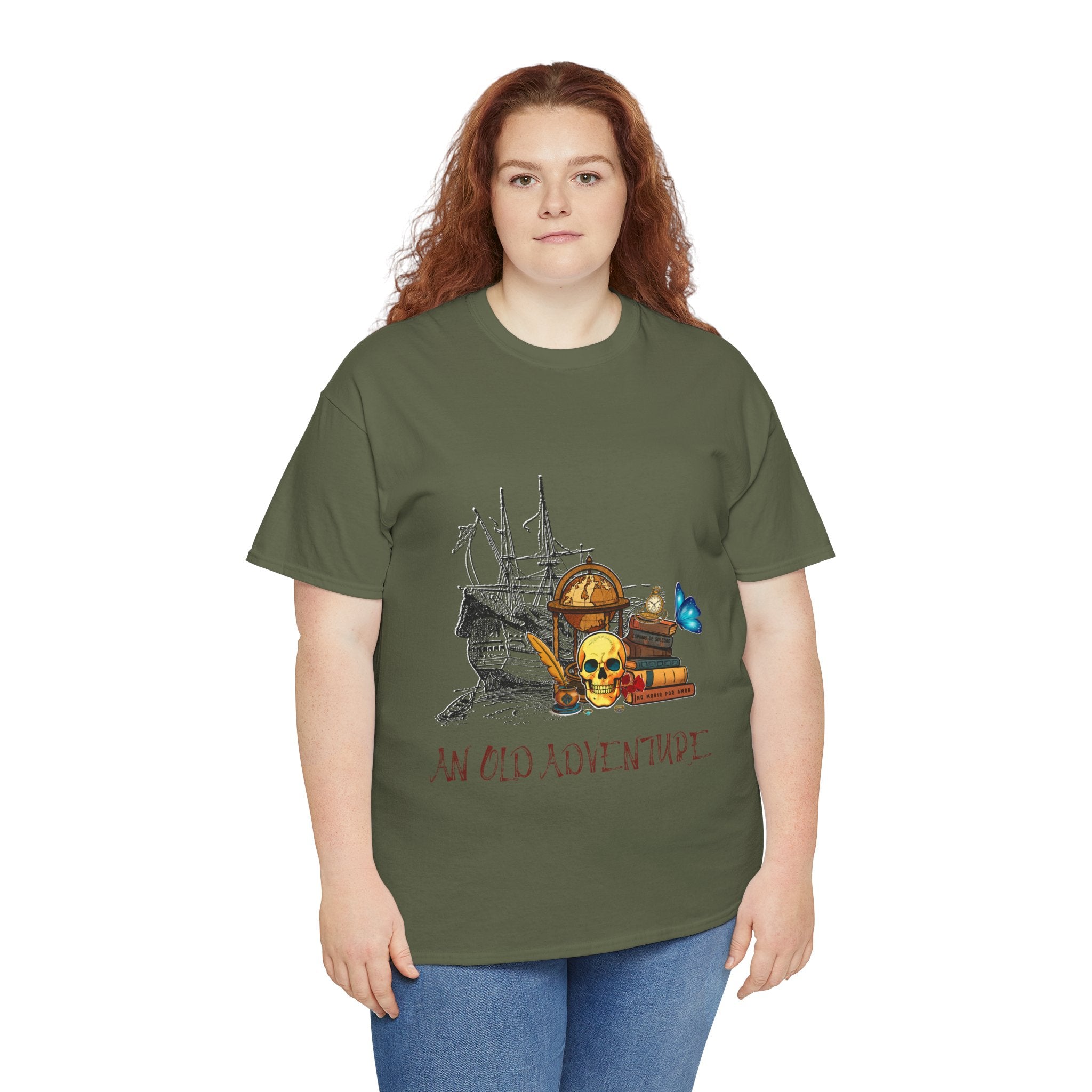 Adventure Skull AND BOOK — Vintage Ship, Globe & Books Graphic Shirt (An Old Adventure)