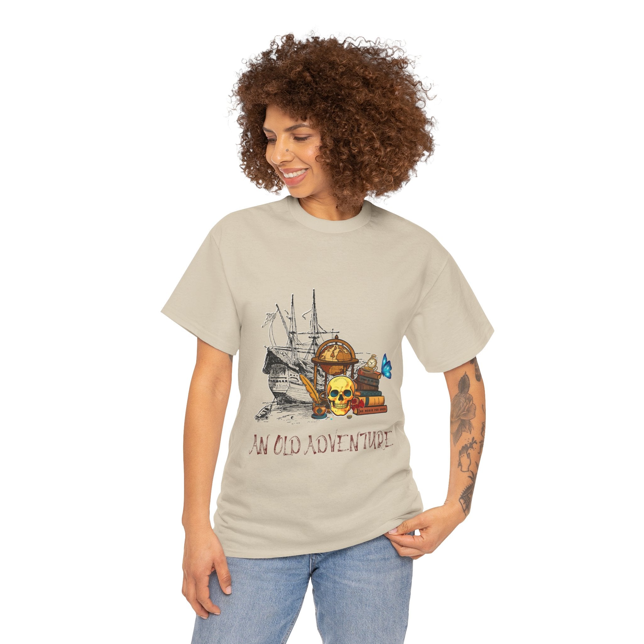 Adventure Skull AND BOOK — Vintage Ship, Globe & Books Graphic Shirt (An Old Adventure)