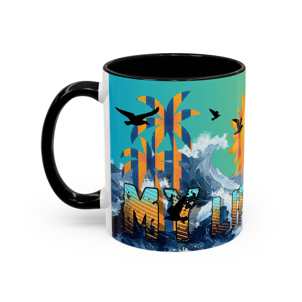 Coffee Mug — "Life Is Surfing" Colorful Sunset Surfboard Beach Ceramic Accent Mug (11/15oz)