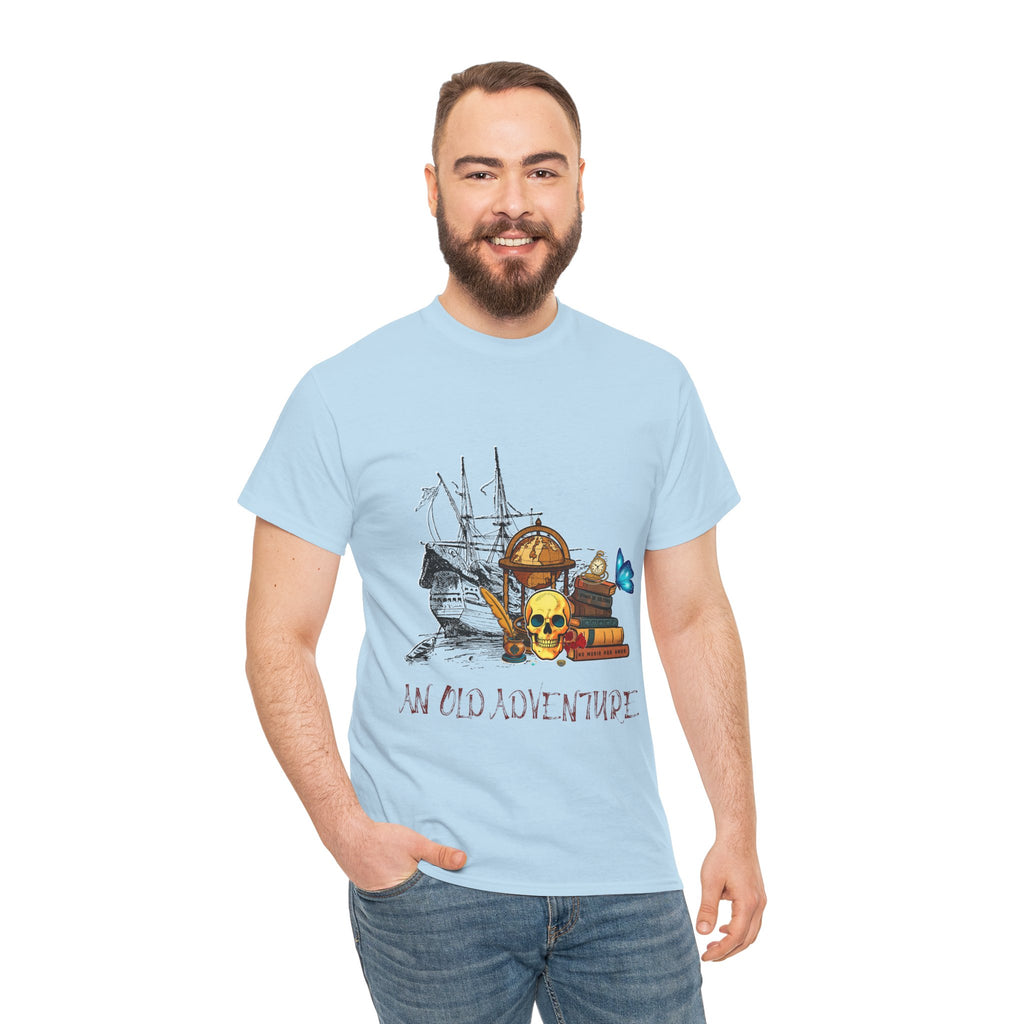 Adventure Skull AND BOOK — Vintage Ship, Globe & Books Graphic Shirt (An Old Adventure)