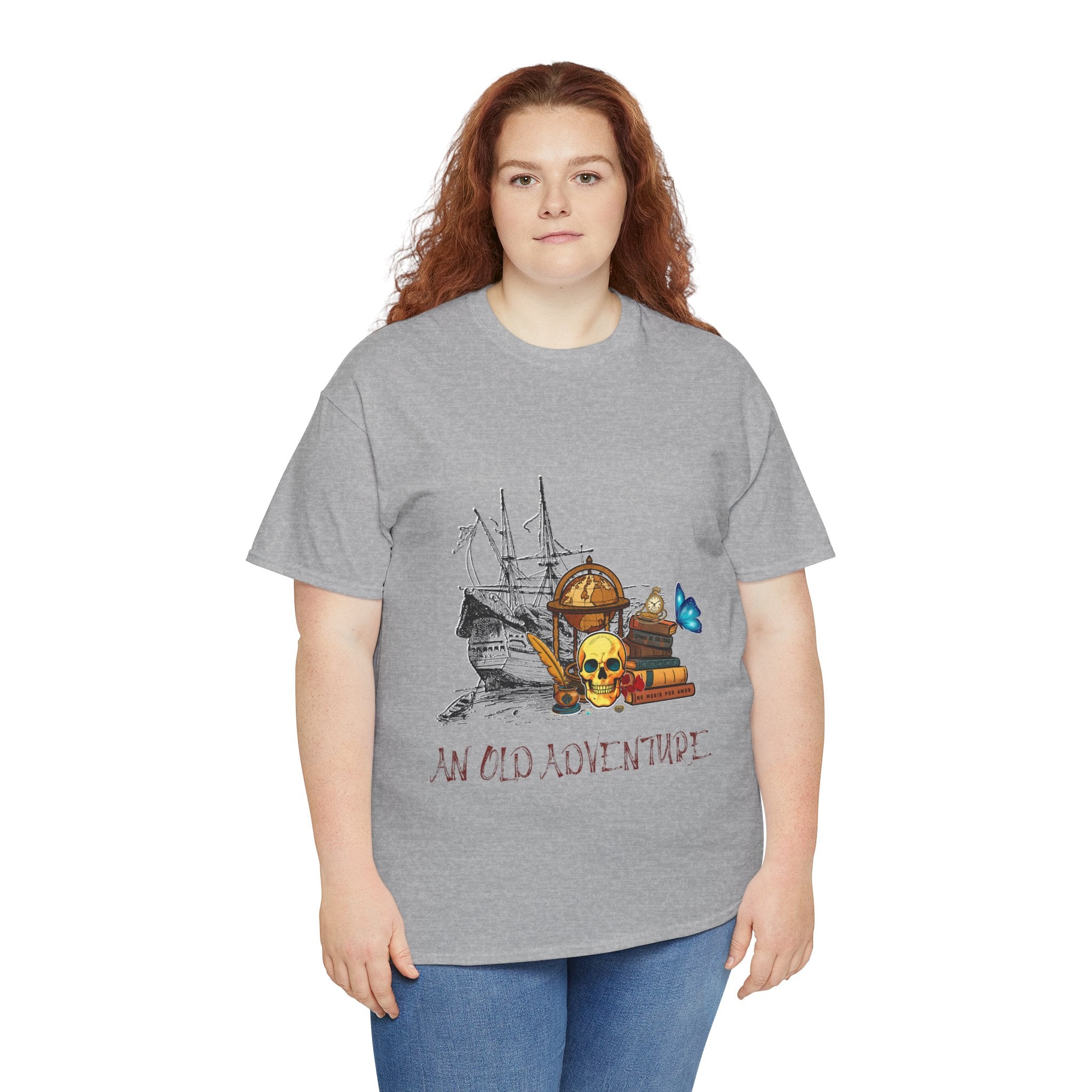 Adventure Skull AND BOOK — Vintage Ship, Globe & Books Graphic Shirt (An Old Adventure)