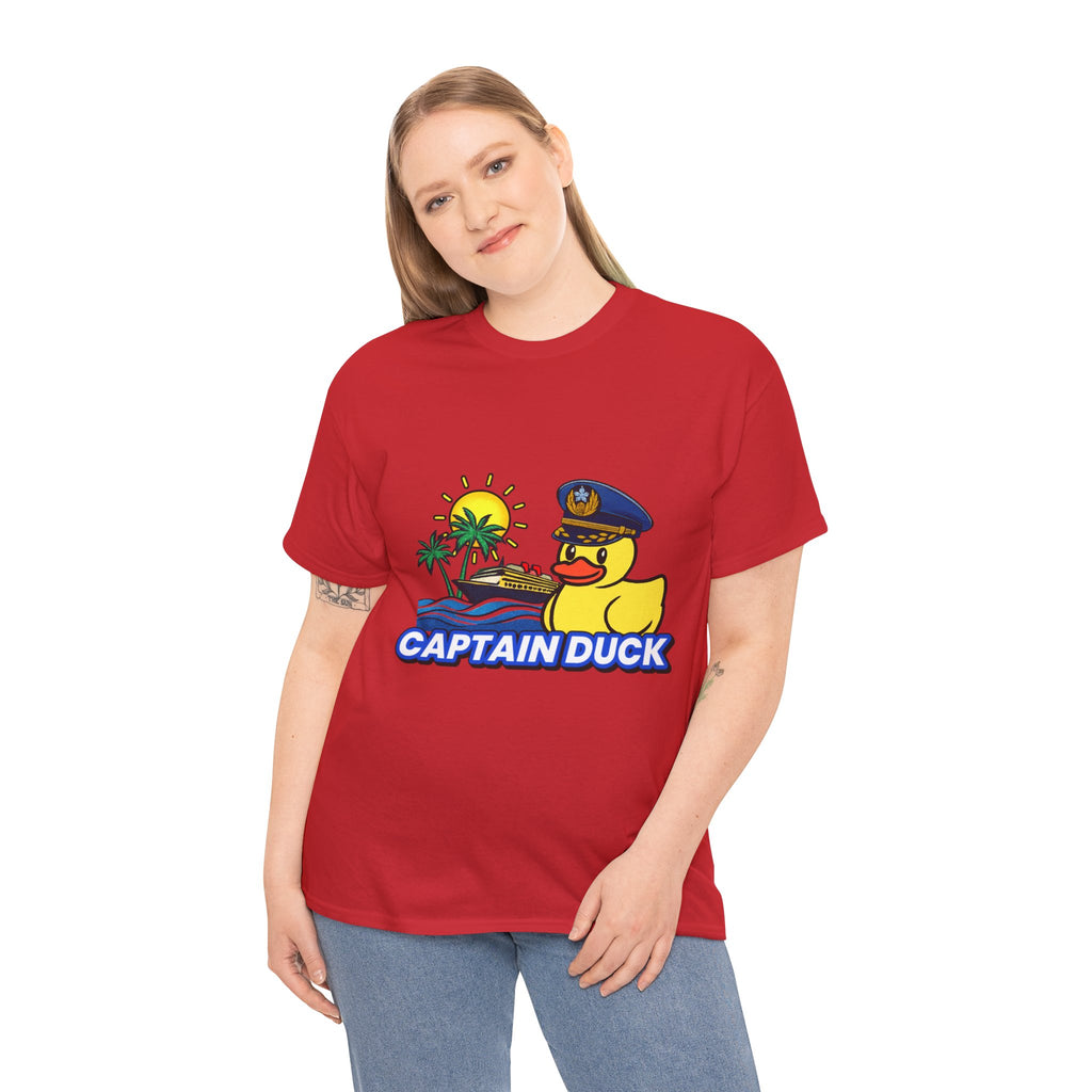 Captain Duck T‑Shirt — Nautical Rubber Duck Tee with Island Sunset
