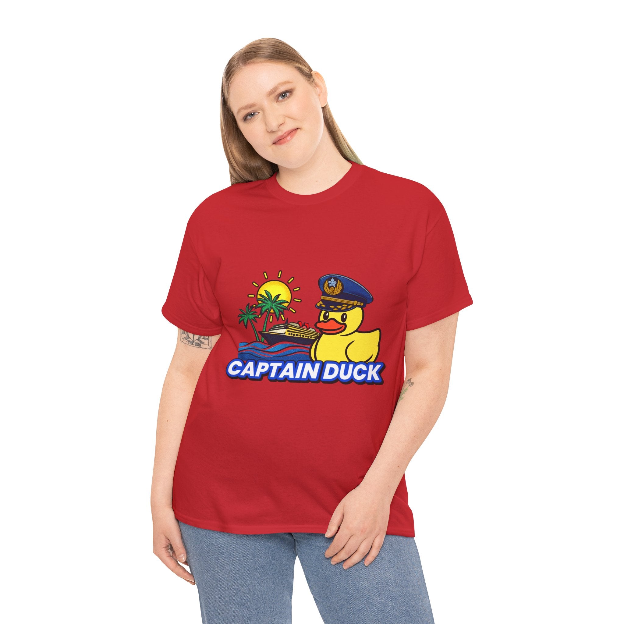 Captain Duck T‑Shirt — Nautical Rubber Duck Tee with Island Sunset