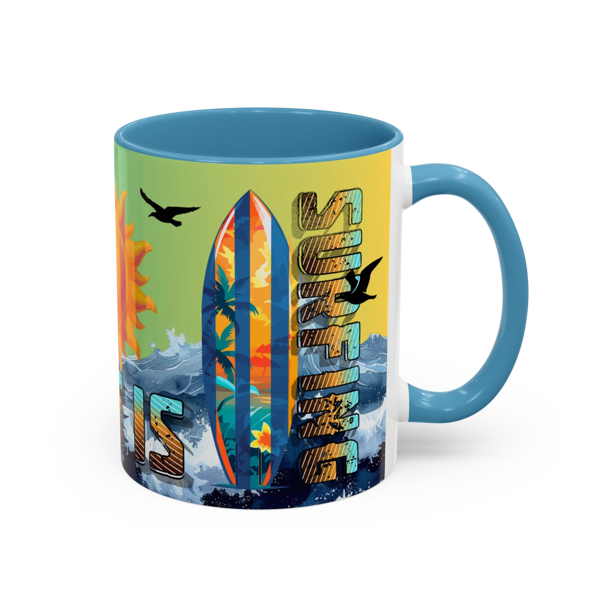 Coffee Mug — "Life Is Surfing" Colorful Sunset Surfboard Beach Ceramic Accent Mug (11/15oz)