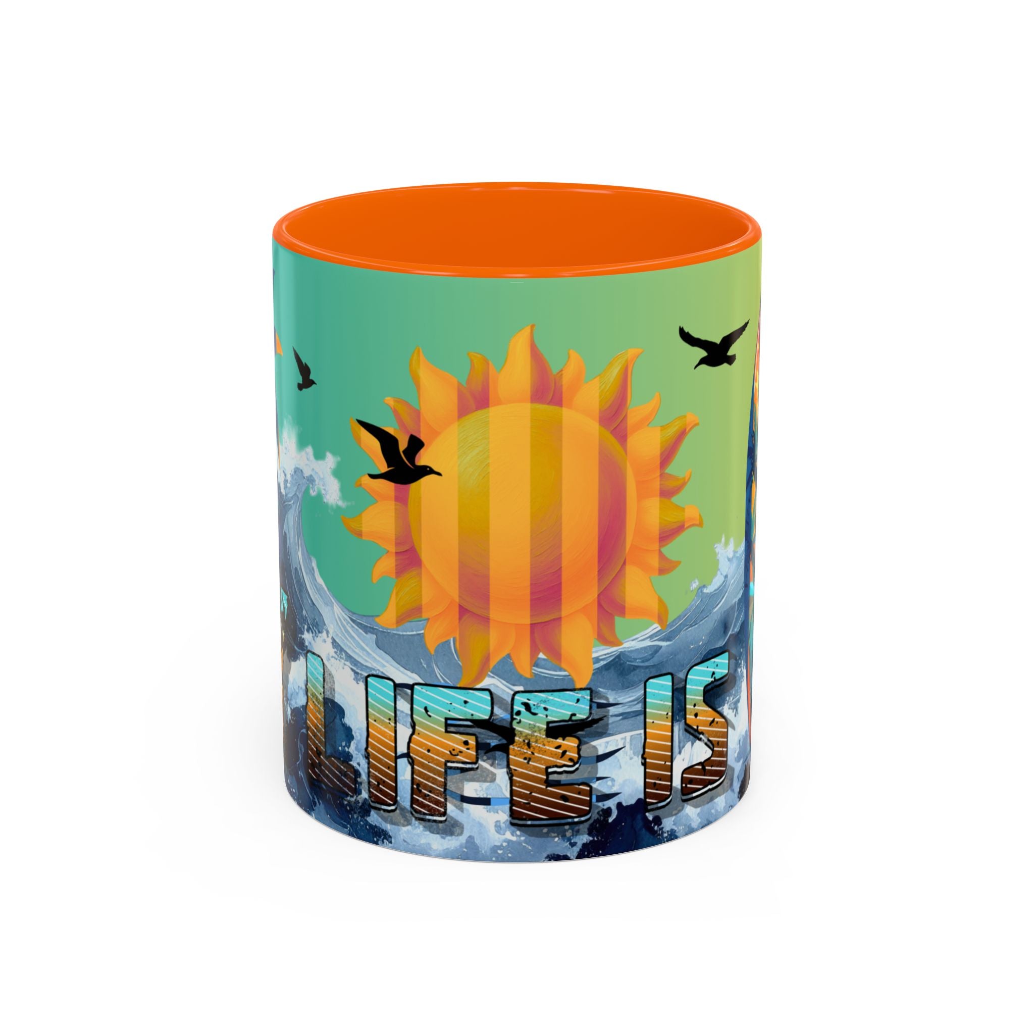 Coffee Mug — "Life Is Surfing" Colorful Sunset Surfboard Beach Ceramic Accent Mug (11/15oz)