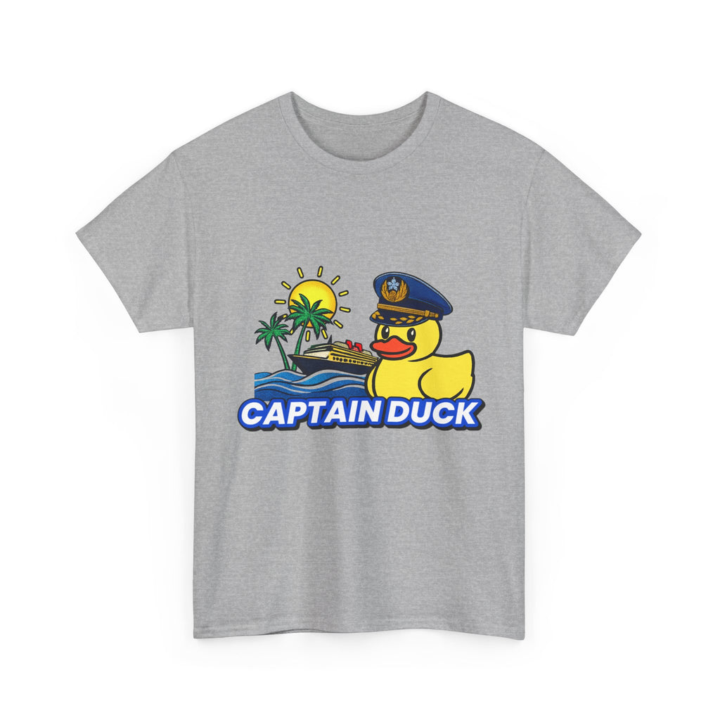 Captain Duck T‑Shirt — Nautical Rubber Duck Tee with Island Sunset