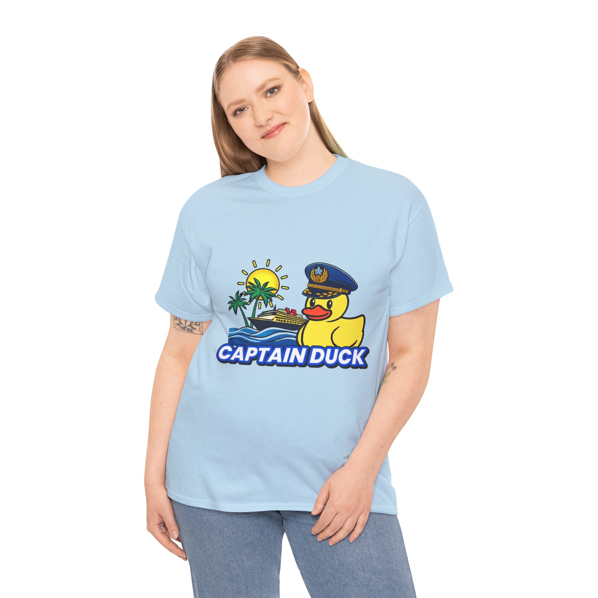 Captain Duck T‑Shirt — Nautical Rubber Duck Tee with Island Sunset