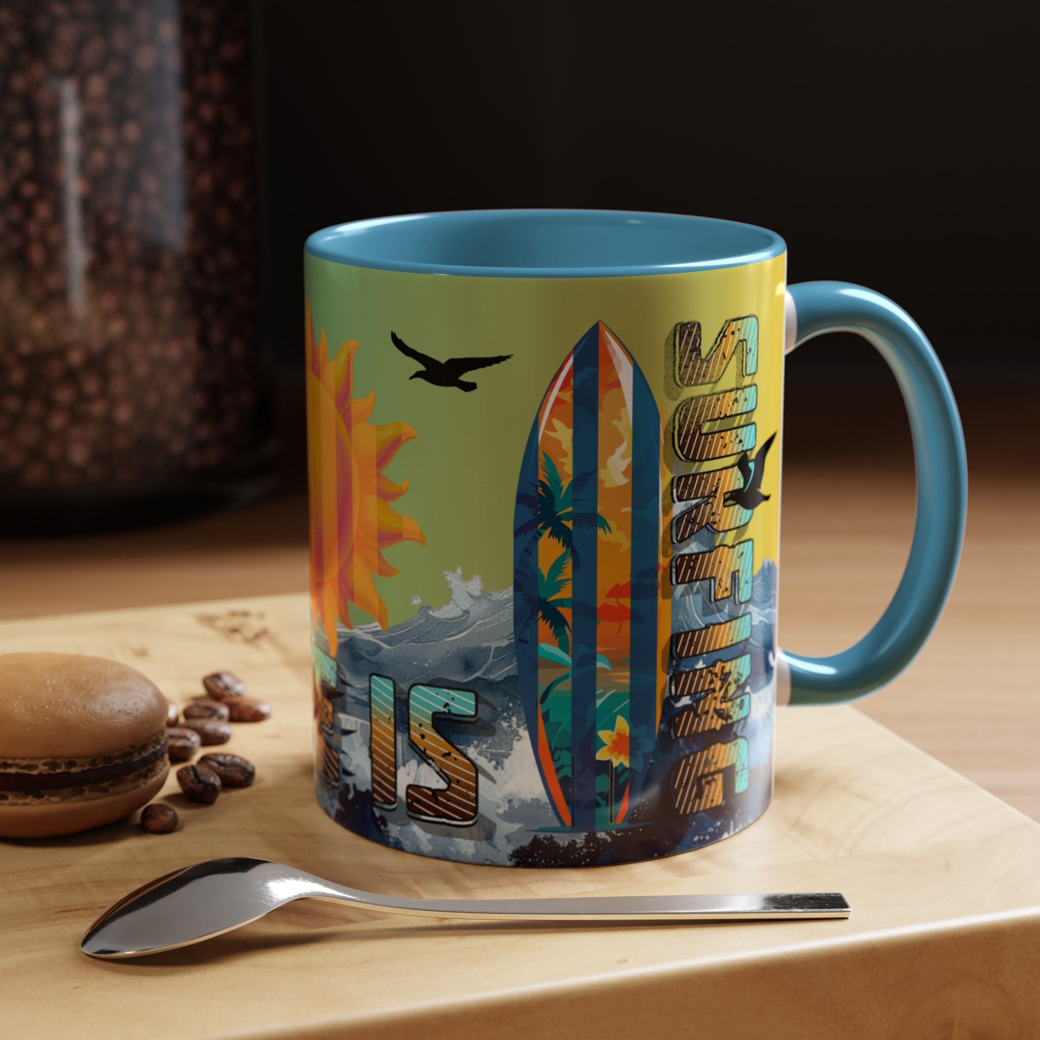 Coffee Mug — "Life Is Surfing" Colorful Sunset Surfboard Beach Ceramic Accent Mug (11/15oz)